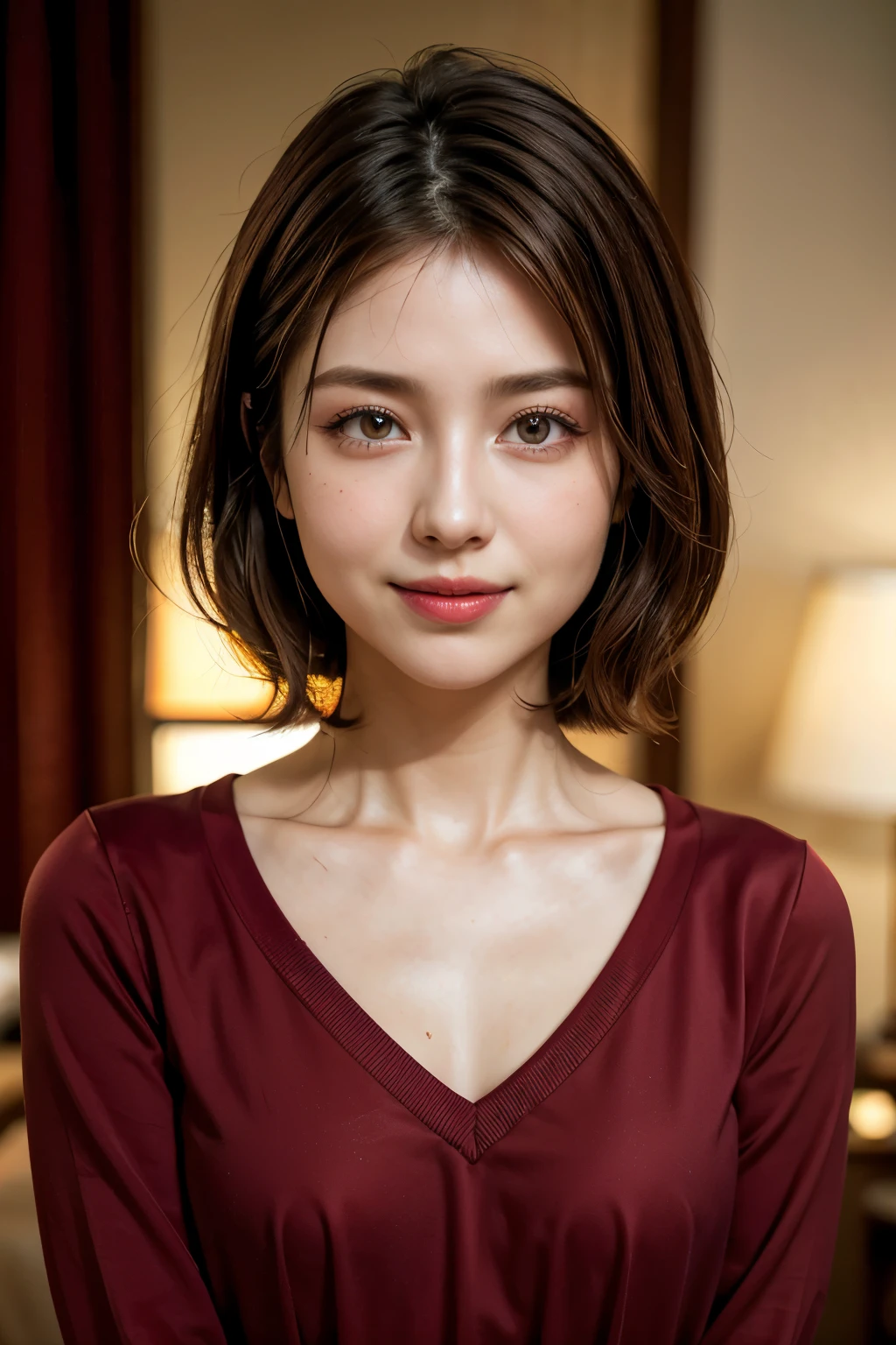 highest quality. Tabletop, 8k, Best image quality, One Woman, Perfect V-neck long knit red sweater, Waist to upper body shot, (look forward to), Red eyeshadow, Perfect Makeup, Long eyelashes, Ultra HD Shining Eyes, Ultra HD Hair, Ultra High Resolution Glossy Lips, Ultra HD cute face, Brown Hair, Very short straight hair, Look at me and smile, clavicle, Accurate anatomy, Face close-up, Luxury Love Hotel, The most atmospheric and warm lighting, Blurred Background, (View your audience)