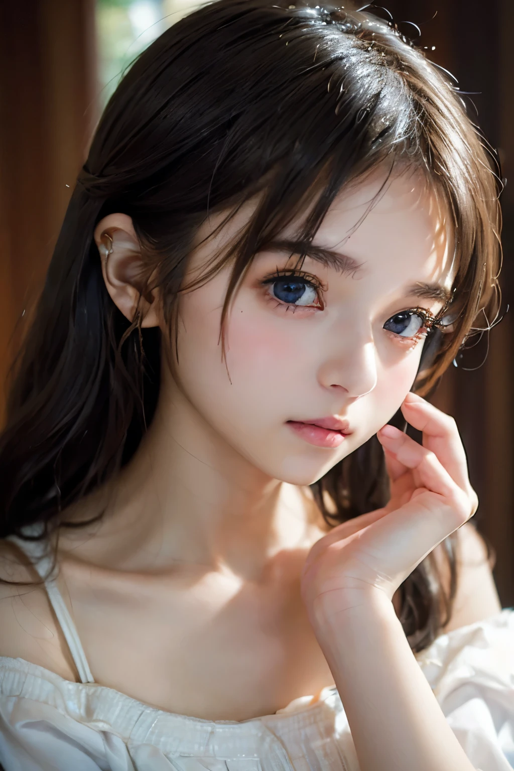 ((14-year-old girl:1.6)),Image from chest up:1.6)、Close-up portrait of a woman wearing a white off-the-shoulder top dress and earrings, Soft portrait shot 8k, Nice delicate face, High-quality 4K portraits, High-quality portraits, Soft, perfect, pale skin, 8K Highly Detailed Face, なbeautiful繊細な顔, beautiful光の大きな目, Beautiful and realistic face, beautiful14Old woman, Beautiful and realistic face, cute14Old woman