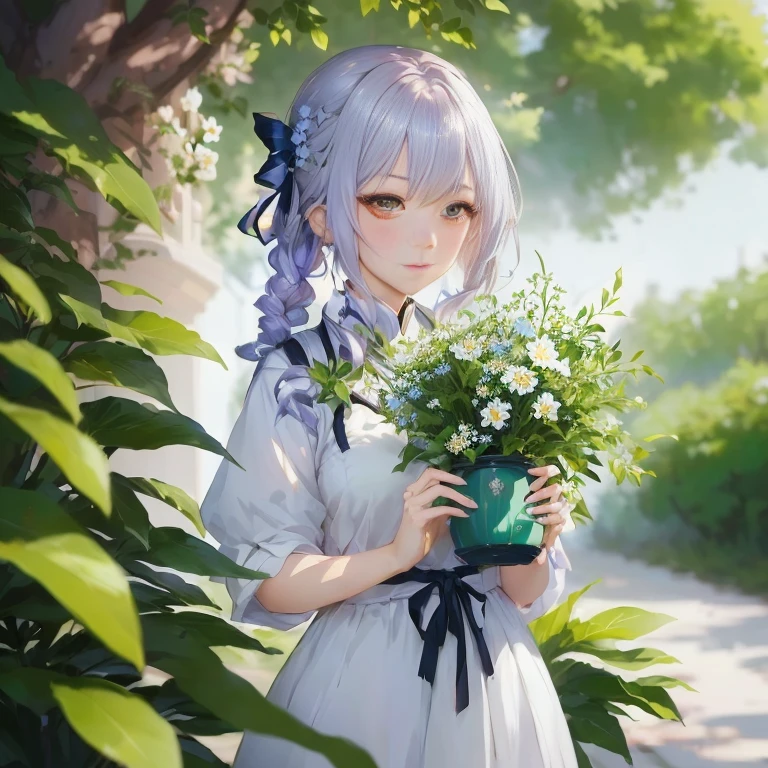 anime girl holding a pot of flowers in front of a tree, guweiz, artwork in the style of guweiz, guweiz on pixiv artstation, guweiz on artstation pixiv, anime visual of a cute girl, smooth anime cg art, shirabii, cushart krenz key art feminine, anime moe artstyle