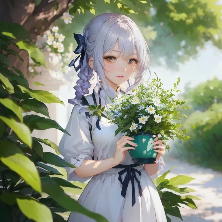 anime girl holding a pot of flowers in front of a tree, guweiz, artwork in the style of guweiz, guweiz on pixiv artstation, guweiz on artstation pixiv, anime visual of a cute girl, smooth anime cg art, shirabii, cushart krenz key art feminine, anime moe artstyle