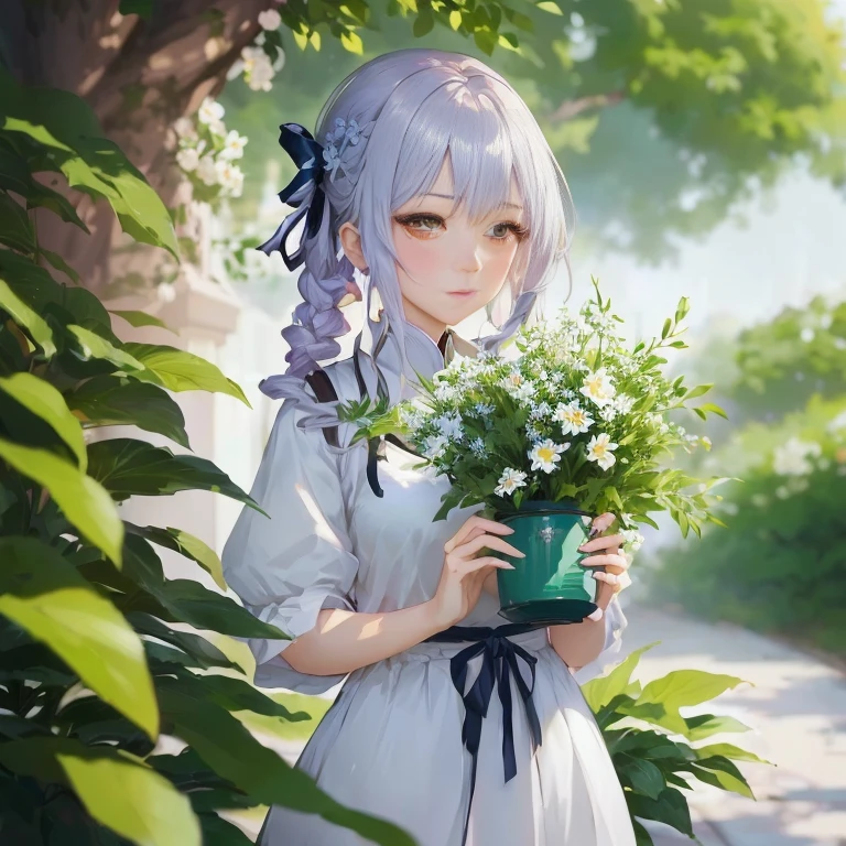 anime girl holding a pot of flowers in front of a tree, guweiz, artwork in the style of guweiz, guweiz on pixiv artstation, guweiz on artstation pixiv, anime visual of a cute girl, smooth anime cg art, shirabii, cushart krenz key art feminine, anime moe artstyle