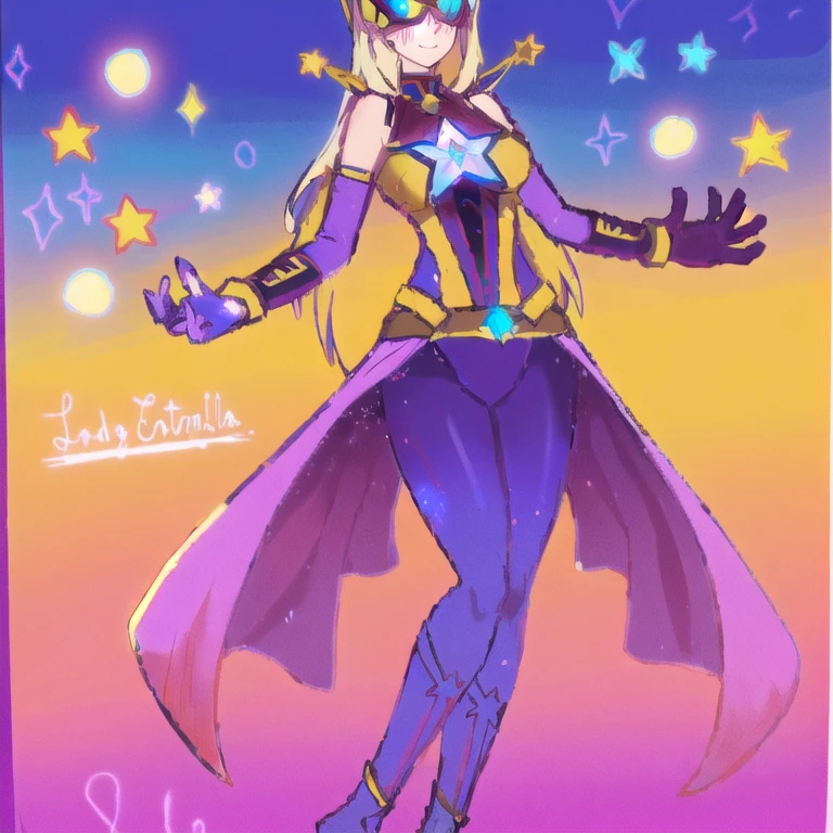 un dibujo de una mujer disfrazada con una capa y una estrella, inspirado en Li Chevalier, Inspired by Star Guardian, celda sombreada!!!, celda sombreada!!!, la galaxia marinera. Hermoso, fanart exquisito muy detallado, Hermoso celestial mage, bruja del cielo, like a retro futuristic heroine, inspirado en marinero luna, portrait of an anime heroine, ethereal astral, 1 girl, Full body, 19 years old, White skin, Smiling face, Blue eyes, Star shaped tiara, Arms outstretched, Arms behind waist, Masked face, blue Eye mask, Superhero mask, blue mask, Blushing, Blonde hair, Straight hair, Long hair, Bangs, 2 star clips on the sides of hair, Full body, Medium breasts, Slim body, Hands with yellow stars on them, Wrist bands, Long yellow gloves, Purple gloves, Superhero costume, Superheroes, Full body entirely yellow suit, With a big yellow star in the center, Star emblem, Somewhat tight, Long yellow cape on waist, Red belt, Thighs with tights purple, purple boots, flying, city background, anime, note that says Lady Estrella