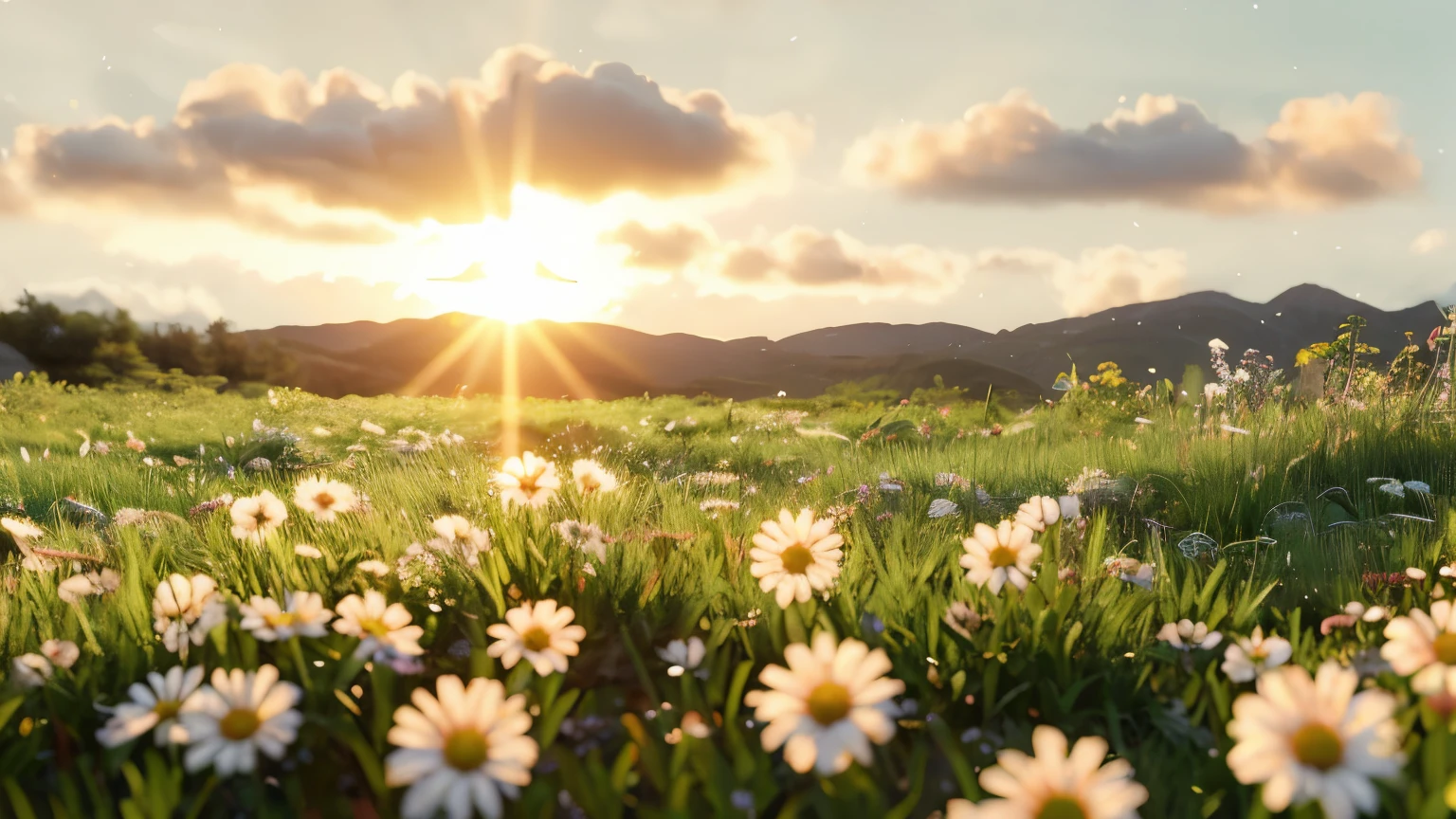 (masterpiece:1.2),best quality,High resolution,Extremely detailed CG,Perfect lighting,8k wallpaper,E-commerce photography,close up,Bokeh,On a meadow,blue_Sky,White Cloud,Flowers,moss,beautiful scenery,dreamlike,Bright colors,caodi,landscape,