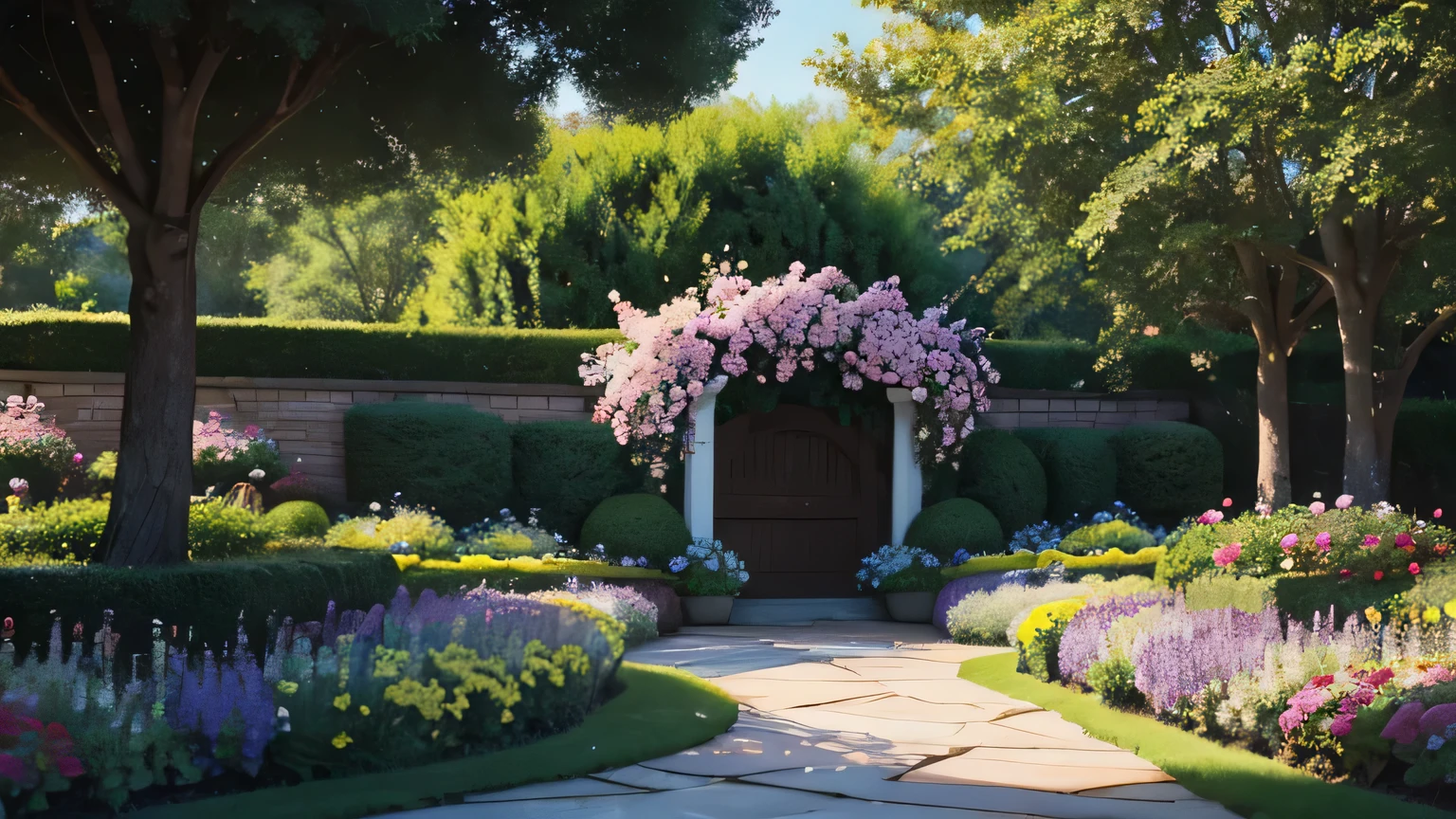 A colorful summer garden, filled with blooming flowers and vibrant greenery, surrounded by a white picket fence. The garden is teeming with life, as butterflies flutter around and bees buzz from flower to flower. The sun shines brightly, casting warm rays of light onto the scene and creating a beautiful play of shadows and highlights. The colors of the flowers are vivid and varied, ranging from deep reds and oranges to soft pinks and purples. The garden is well-maintained, with neatly trimmed hedges and perfectly arranged flower beds. The air is filled with the sweet scent of the blossoms, adding to the sensory experience of the scene. The overall atmosphere is peaceful and serene, inviting the viewer to immerse themselves in its beauty. The artwork is created using traditional painting techniques, with meticulous attention to detail and a rich texture that adds depth to the composition. The image quality is of the highest standard, with ultra-detailed brushstrokes and vivid colors that bring the scene to life. The artistic style of the painting is reminiscent of Impressionism, with a focus on capturing the fleeting moments and the play of light and color. The color palette is vibrant and lively, with an emphasis on warm tones to reflect the cheerful and vibrant mood of the scene. The lighting in the garden is soft and diffused, creating a gentle and dreamy atmosphere. The sun casts long shadows on the ground, adding depth and dimension to the composition. Overall, the prompt aims to create a vivid and visually stunning representation of a summer garden, capturing the beauty and tranquility of nature in all its glory.
