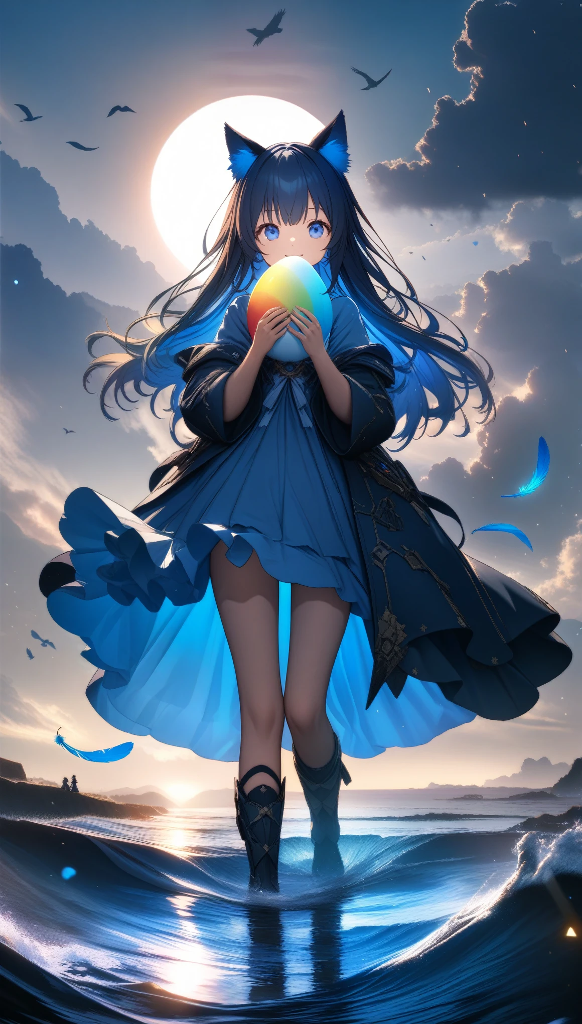 32k, best quality, ultra high res, HDR, UHD, extremely detailed CG, unity 32k wallpaper, A dark, futuristic, silhouetted figure of a girl with cat ears and a long, flowing coat, holding a massive scythe with a mechanical cat integrated into the blade, standing on a reflective surface with a minimalist, light gray background. --ar 4:3 --stylize 600 --niji 6, 32k, best quality, ultra high res, HDR, UHD, extremely detailed CG, unity 32k wallpaper, A world full of eggs, 18-year-old, Holding a rainbow-colored egg in both hands, Very cute girl, Blue Hair, Long Hair, blue eyes, A beautiful and cute blue dress, from the front, A very beautiful sea background, Standing on the water, Particles that glow blue, bird, cloud, Egg with wings, Close your mouth and smile happily, A cute hat with blue feathers, (wing), sun, 