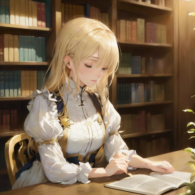 blonde haired woman sitting at a table with a book in front of her, violet evergarden, alchemist library background, cushart krenz key art feminine, epic light novel art cover, detailed key anime art, artoria pendragon, rin, fine details. girls frontline, elegant study, anime visual of a cute girl, marin kitagawa fanart