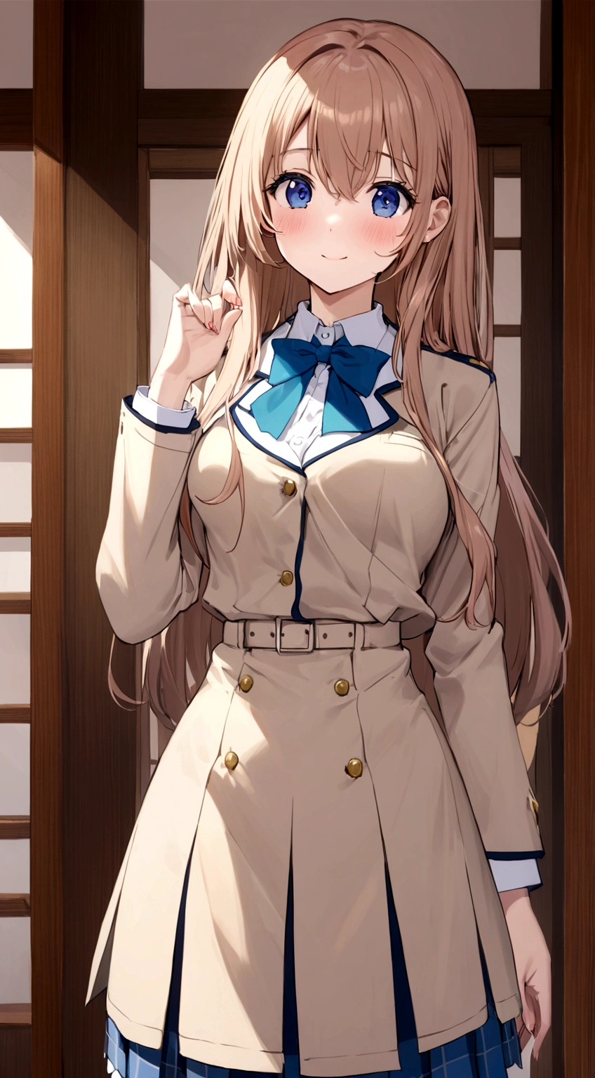 A woman in uniform poses for a photo, a hyperリアルなhigh school girl, hyperリアルなhigh school girl, リアルなhigh school girl, high school girl, Japanese , high school girlの格好をした, ポーズをとるhigh school girl, Japanese girls uniform, cute , beautiful anime high high school girl, Acquire Japanese language skills