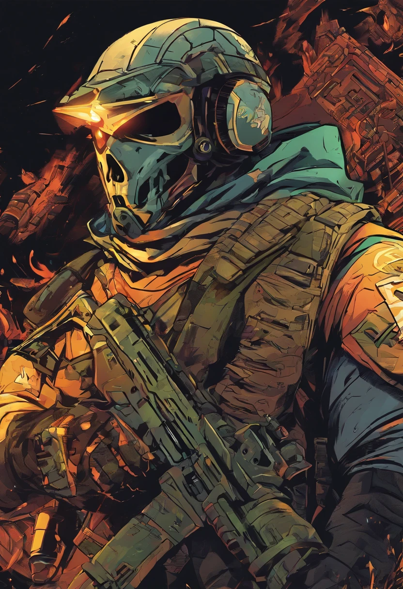 A highly detailed 8K close-up portrait of a person wearing a skull mask and tactical helmet, in a dark digital art style, a hooded skull design, menacing and unreal atmosphere reminiscent of Unreal Engine 5 graphics, 1024px profile photo focusing on the head and shoulders, skeleton-like appearance, spec-ops headgear with mask, combat-ready tactical look, clean and realistic digital render with intricate textures and details.