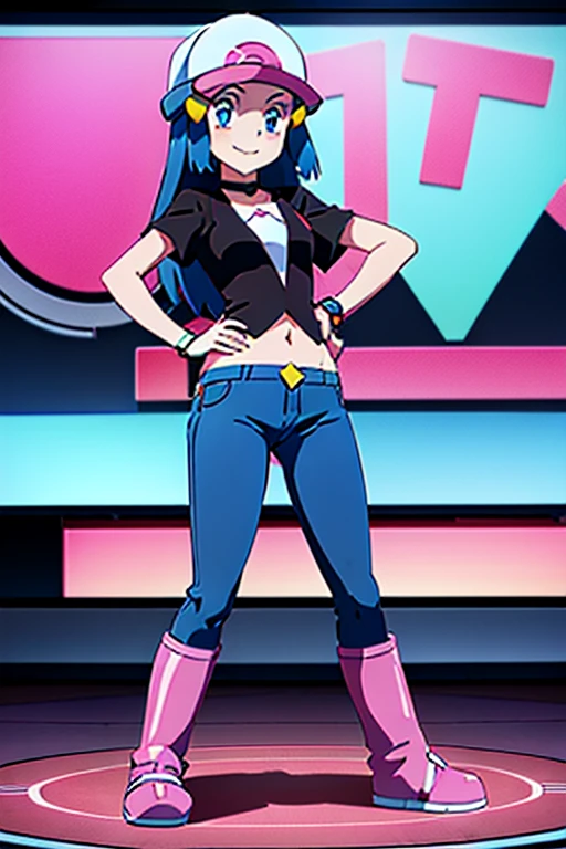 1girl, dawn, pokemon, blue hair, blue eyes, black short sleeves belly shirt, whites jeans, white hat, pink boots, dance floor, Forehead,Smile, Looking at Viewer,masutepiece,Full body, Best Quality, (Colorful),volumatic light, tracing,the Extremely Detailed CG Unity 8K Wallpapers,Smile,
