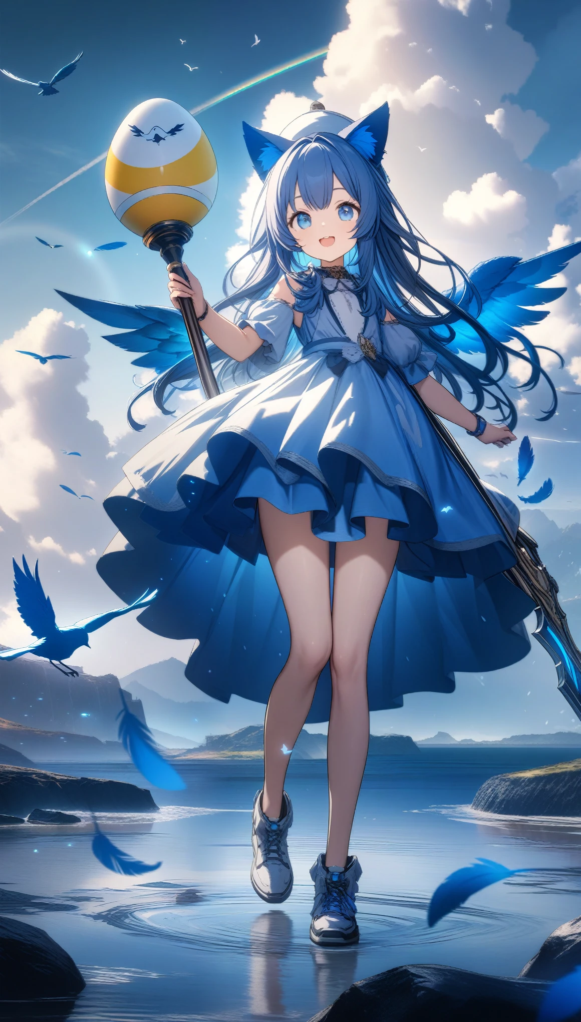 32k, best quality, ultra high res, HDR, UHD, extremely detailed CG, unity 32k wallpaper, A dark, futuristic, silhouetted figure of a girl with cat ears and a long, flowing coat, holding a massive scythe with a mechanical cat integrated into the blade, standing on a reflective surface with a minimalist, light gray background. --ar 4:3 --stylize 600 --niji 6, 32k, best quality, ultra high res, HDR, UHD, extremely detailed CG, unity 32k wallpaper, A world full of eggs, 18-year-old, Holding a rainbow-colored egg in both hands, Very cute girl, Blue Hair, Long Hair, blue eyes, A beautiful and cute blue dress, from the front, A very beautiful sea background, Standing on the water, Particles that glow blue, bird, cloud, Egg with wings, Close your mouth and smile happily, A cute hat with blue feathers, (wing), sun, 