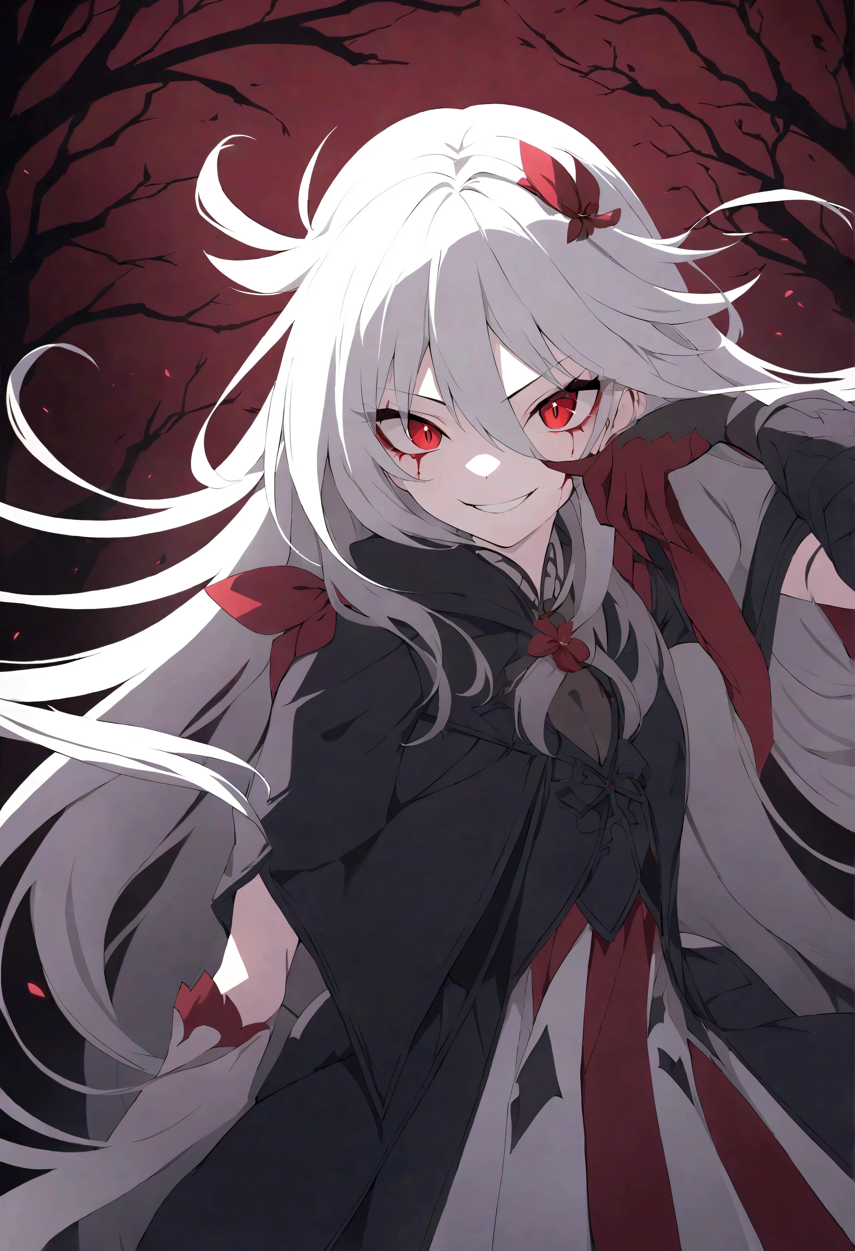 playful anime girl with white hair and dark grey and red strands in her hair striking a playful pose with an evil grin on her face, blood blossoms as accessories in her hair, evil grin on her face, shiny dark red eyes, dark grey tendrils with bloodred blossoms in the background, evil look, best anime characterdesin, high resolution, 8K fantasy artwork