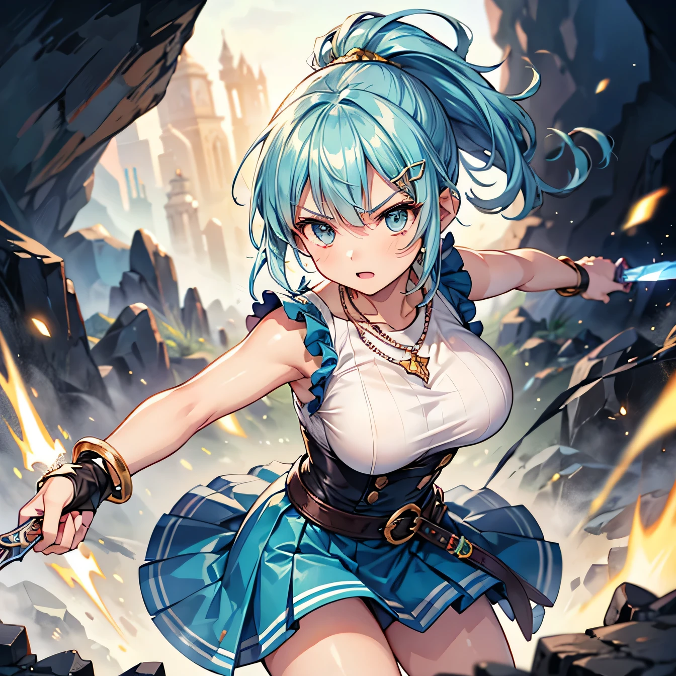 Anime Moe Art Style,highest quality,High resolution,Anatomically correct,One Girl,-teegirl with light blue hair in a ponytail,Super detailed,Fantasy World,Sleeveless blouse,flare skirt,Big Breasts,Shiny skin,Beautiful Skin,A rich expression,Serious expression,cave,Dynamic movement,Hold the dagger,Fighting by wielding a dagger,Eyes drawn in detail,hair ornaments,necklace,bracelet,ring,8K