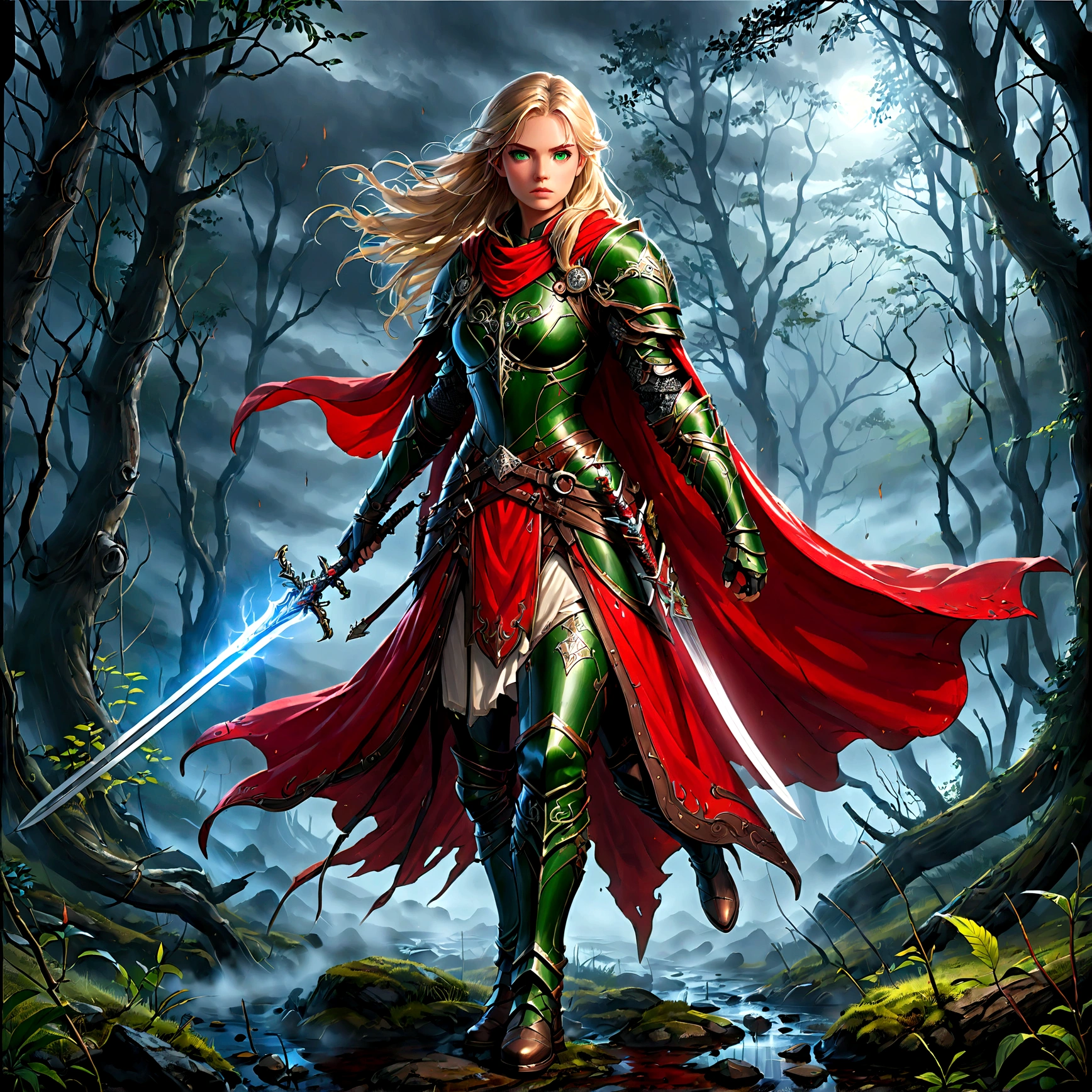 fantasy art, RPG art, Dark fantasy art, ultra wide shot, RAW, photorealistic, a picture of (1single: 1.5) female human ranger, the ranger, an exquisite beautiful human woman, long blond hair, braided hair, green eyes, wearing leather armor, wearing (red cloak: 1.1), armed with a (sword: 1.3), wearing laced boots, standing in a dark forest at night, (mist rising from the grounds: 1.3), a sense of dread and fear, yet she stands defiant and fearless, dark fantasy forest background, best quality, 16k, [ultra detailed], masterpiece, best quality, (ultra detailed), full body, ultra wide shot, photorealism, Sword and shield, aetherpunkai