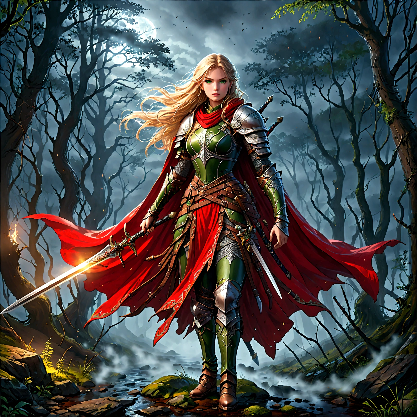 fantasy art, RPG art, Dark fantasy art, ultra wide shot, RAW, photorealistic, a picture of (1single: 1.5) female human ranger, the ranger, an exquisite beautiful human woman, long blond hair, braided hair, green eyes, wearing leather armor, wearing (red cloak: 1.1), armed with a (sword: 1.3), wearing laced boots, standing in a dark forest at night, (mist rising from the grounds: 1.3), a sense of dread and fear, yet she stands defiant and fearless, dark fantasy forest background, best quality, 16k, [ultra detailed], masterpiece, best quality, (ultra detailed), full body, ultra wide shot, photorealism, Sword and shield, aetherpunkai