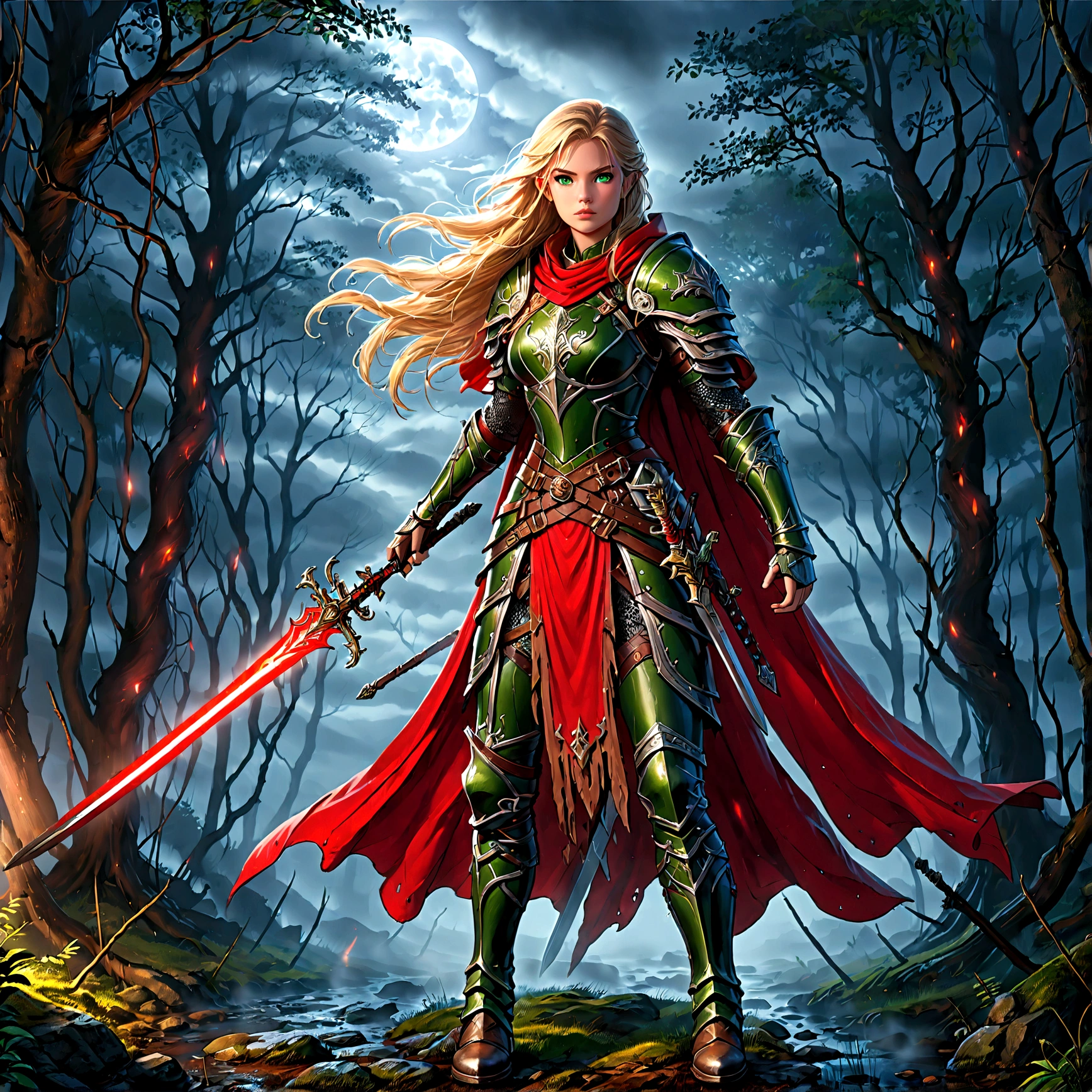 fantasy art, RPG art, Dark fantasy art, ultra wide shot, RAW, photorealistic, a picture of (1single: 1.5) female human ranger, the ranger, an exquisite beautiful human woman, long blond hair, braided hair, green eyes, wearing leather armor, wearing (red cloak: 1.1), armed with a (sword: 1.3), wearing laced boots, standing in a dark forest at night, (mist rising from the grounds: 1.3), a sense of dread and fear, yet she stands defiant and fearless, dark fantasy forest background, best quality, 16k, [ultra detailed], masterpiece, best quality, (ultra detailed), full body, ultra wide shot, photorealism, Sword and shield, aetherpunkai
