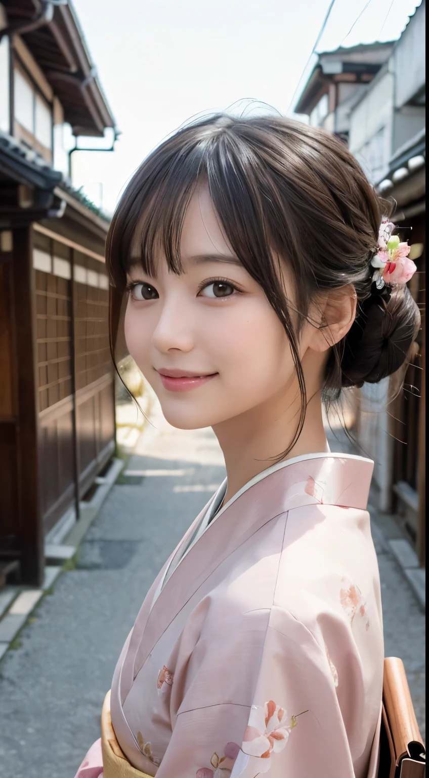 Professional Lighting,(Photorealistic:1.4), (Top image quality:1.0), (超A high resolution:1.0), 8k, Raw photography, (masterpiece:0.2), (Facing the children_v1:0.5)、(最高quality Detail:1.2)、Realistic、8K Ultra HD、High resolution、(1 girl:1.2)、超detailedな、High quality textures、複雑なdetailed、detailed、Very detailed CG、High quality shadows、detailed 美しく繊細な顔、Beautiful details and a delicate eye、(Symmetrical eyes:1.2),Written boundary depth、Ray Tracing,1 girl, Japanese Girls, (Natural smile:1.4),cute, thin, Portrait of a beautiful Japanese woman in a kimono, Standing elegantly on a street corner in Kyoto. Kimono with vibrant traditional patterns, Hair decorated with elegant and delicate hairpins, Gentle expression. (With the old streets of Kyoto in the background:1.4)、The soft light of a spring afternoon、Adding tranquility to the scene. Rendered in a Realistic style with great attention to detail, High resolutionの画像.Sky Porn, Magic Hour, (Realistic:1.3), finely, quality, (Tabletop:1.2), (Realistic:1.2), (最高quality), (複雑なdetailed), dramatic, Ray Tracing, photograph, +roller