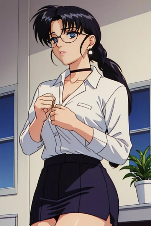 Woman in office room, White wall, Grey table, plant, window, Masterpiece of sexy pose, ((highest quality)), ((Complex)), ((Surreal)), , Mature Woman, perspective, Highly detailed face, Slender girl, ((Big Breasts)), Perfect hands, Finger details, Fine and beautiful eyes, Long ponytail, blue eyes, chief executive officer(chief executive officer(CEO), (business suit:1.2), Open Office Shirt, Tight Skirt, Black choker, Earrings, (stockings), Detailed Background, Bedroom, Perfect Eyes, Captivating eyes, Looking at the audience, From below