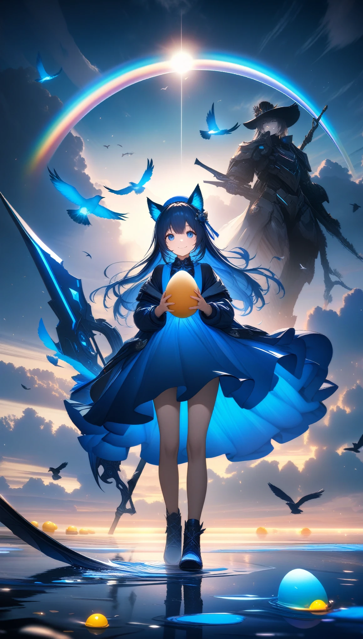 32k, best quality, ultra high res, HDR, UHD, extremely detailed CG, unity 32k wallpaper, A dark, futuristic, silhouetted figure of a girl with cat ears and a long, flowing coat, holding a massive scythe with a mechanical cat integrated into the blade, standing on a reflective surface with a minimalist, light gray background. --ar 4:3 --stylize 600 --niji 6, 32k, best quality, ultra high res, HDR, UHD, extremely detailed CG, unity 32k wallpaper, A world full of eggs, 18-year-old, Holding a rainbow-colored egg in both hands, Very cute girl, Blue Hair, Long Hair, blue eyes, A beautiful and cute blue dress, from the front, A very beautiful sea background, Standing on the water, Particles that glow blue, bird, cloud, Egg with wings, Close your mouth and smile happily, A cute hat with blue feathers, (wing), sun,