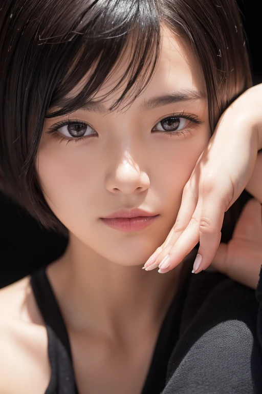 (High resolution:1.3), (16k, Photorealistic, Raw photo, Best image quality: 1.4), Japanese, (One Girl), Beautiful Face, (A vivid face), (Black-haired、short hair:1.3), Beautiful Hairstyles, Realistic eyes, Beautifully detailed eyes, (Realistic Skin), Beautiful skins, attractive, 超A high resolution, Surreal, High detail, Golden Ratio, Highly detailed cute girl,(20-year-old), (paraphilia:1.5)