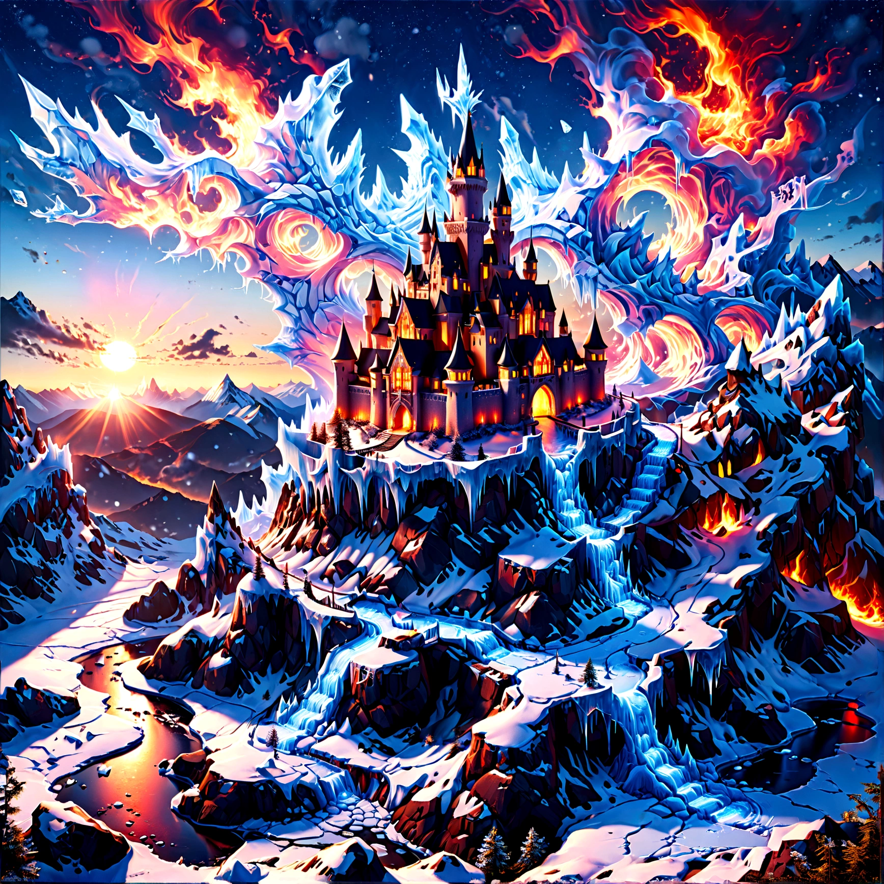 a panoramic award winning photography, Photorealistic, extremely detailed of a castle made from (ice: 1.3) made_of_ice standing on the peak of a snowy mountain, an impressive best detailed castle made from ice (Photorealistic, extremely detailed), with towers, bridges, a moat filled with lava (Photorealistic, extremely detailed),  standing on top of a snowy mountain (masterpiece, extremely detailed, best quality), with pine trees, sunset light, some clouds in the air,  alpine mountain range background, best realistic, best details, best quality, 16k, [ultra detailed], masterpiece, best quality, (extremely detailed), ultra wide shot, photorealism, depth of field, faize, raging nebula
