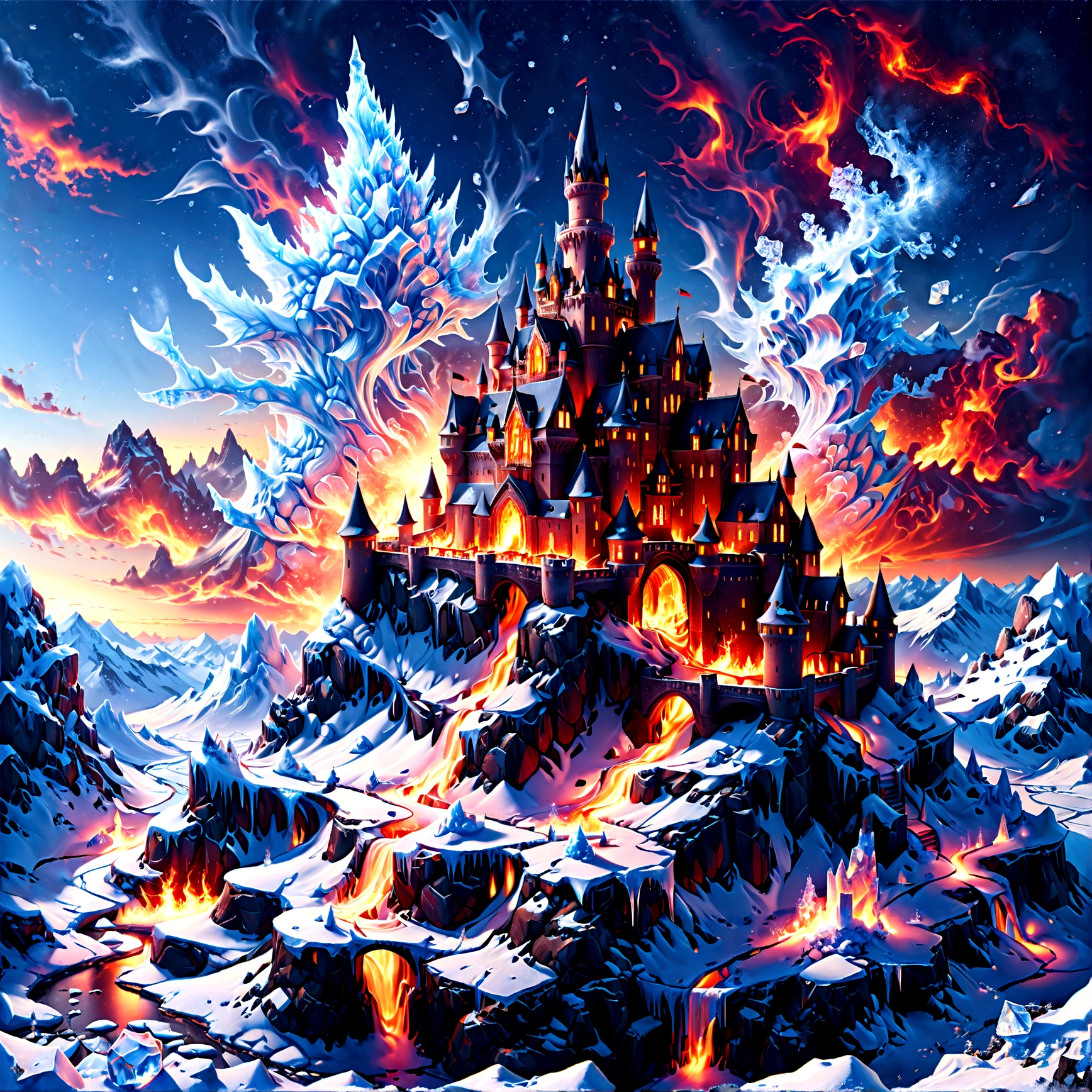 a panoramic award winning photography, Photorealistic, extremely detailed of a castle made from (ice: 1.3) made_of_ice standing on the peak of a snowy mountain, an impressive best detailed castle made from ice (Photorealistic, extremely detailed), with towers, bridges, a moat filled with lava (Photorealistic, extremely detailed),  standing on top of a snowy mountain (masterpiece, extremely detailed, best quality), with pine trees, sunset light, some clouds in the air,  alpine mountain range background, best realistic, best details, best quality, 16k, [ultra detailed], masterpiece, best quality, (extremely detailed), ultra wide shot, photorealism, depth of field, faize, raging nebula