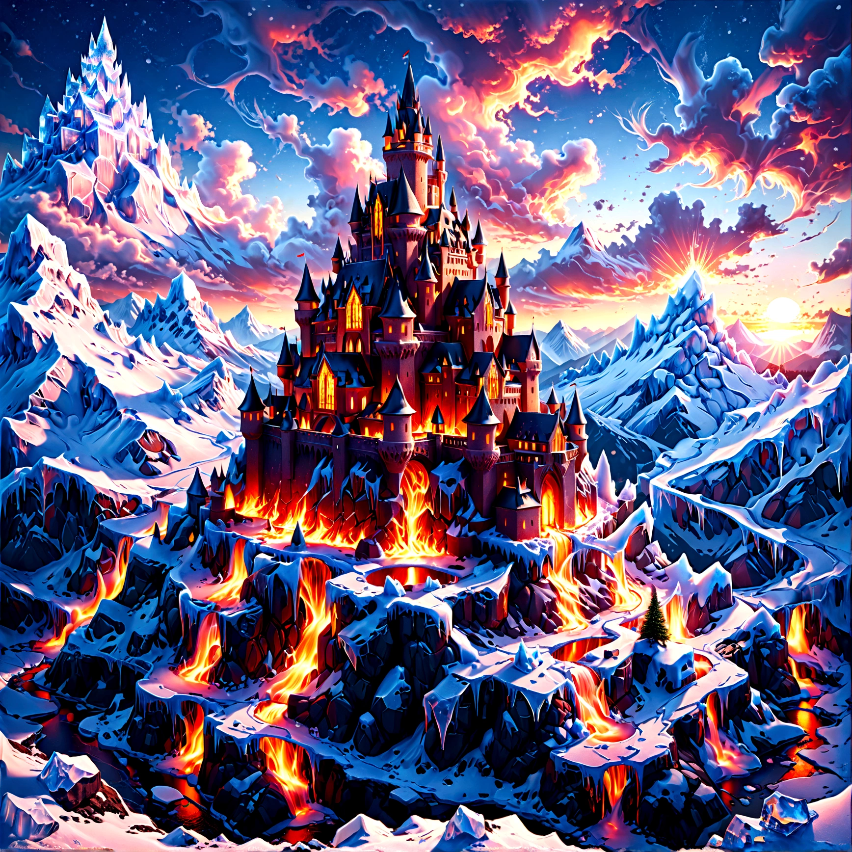 a panoramic award winning photography, Photorealistic, extremely detailed of a castle made from (ice: 1.3) made_of_ice standing on the peak of a snowy mountain, an impressive best detailed castle made from ice (Photorealistic, extremely detailed), with towers, bridges, a moat filled with lava (Photorealistic, extremely detailed),  standing on top of a snowy mountain (masterpiece, extremely detailed, best quality), with pine trees, sunset light, some clouds in the air,  alpine mountain range background, best realistic, best details, best quality, 16k, [ultra detailed], masterpiece, best quality, (extremely detailed), ultra wide shot, photorealism, depth of field, faize, raging nebula