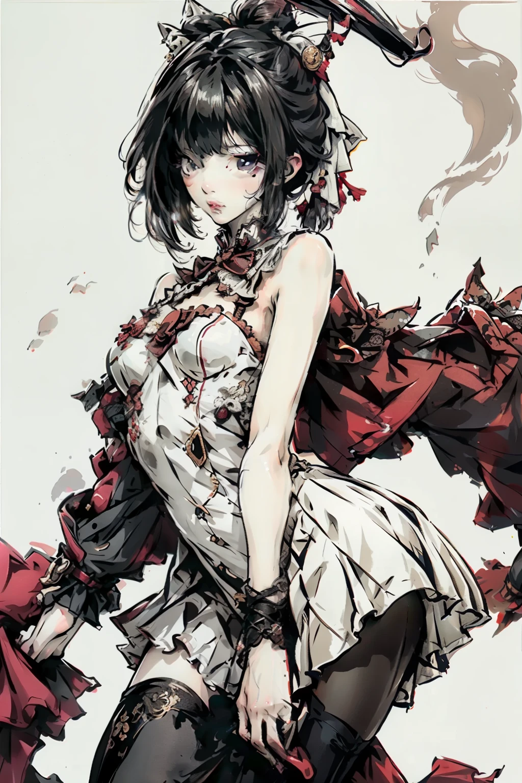 ((best quality)), ((masterpiece)), (detailed), blank white background, plain background, white background, red and white clothing, Bloodborne inspired, occult aesthetic, occult, detailed and intricate steampunk and detailed gothic, NSFW, Very dramatic and cinematic lighting, cosmic horror, grim-dark, side-lighting, perfect face, NSFW, Fluttering lace flared long knee length dress with frilly petticoats, knee length dress, pleated petticoats, ta dress, petticoats gothic lolicomplex lace boots, side-lighting, gothic lolita aetic, wielding a mighty sword, carbine, NSFW, beautiful small breasts, small breasts, full body, whole body, body, plain background, white background, blank background, no background, white background NSFW, full body, whole body, head-to-toe NSFW