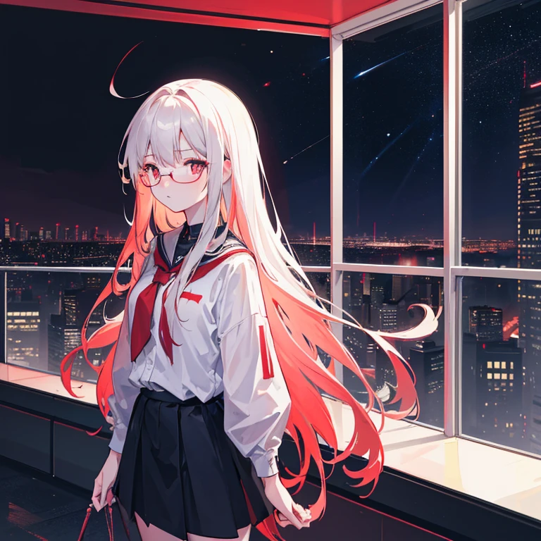 long shot,Overlooking,Depth of Field,masterpiece,best quality,4k,A 16-year-old girl(White long hair,Red pupils,Glasses,Student clothing,),Floor-to-ceiling windows(City,Neon,night,Starry Sky)Dark tones predominate,High contrast,High Saturation