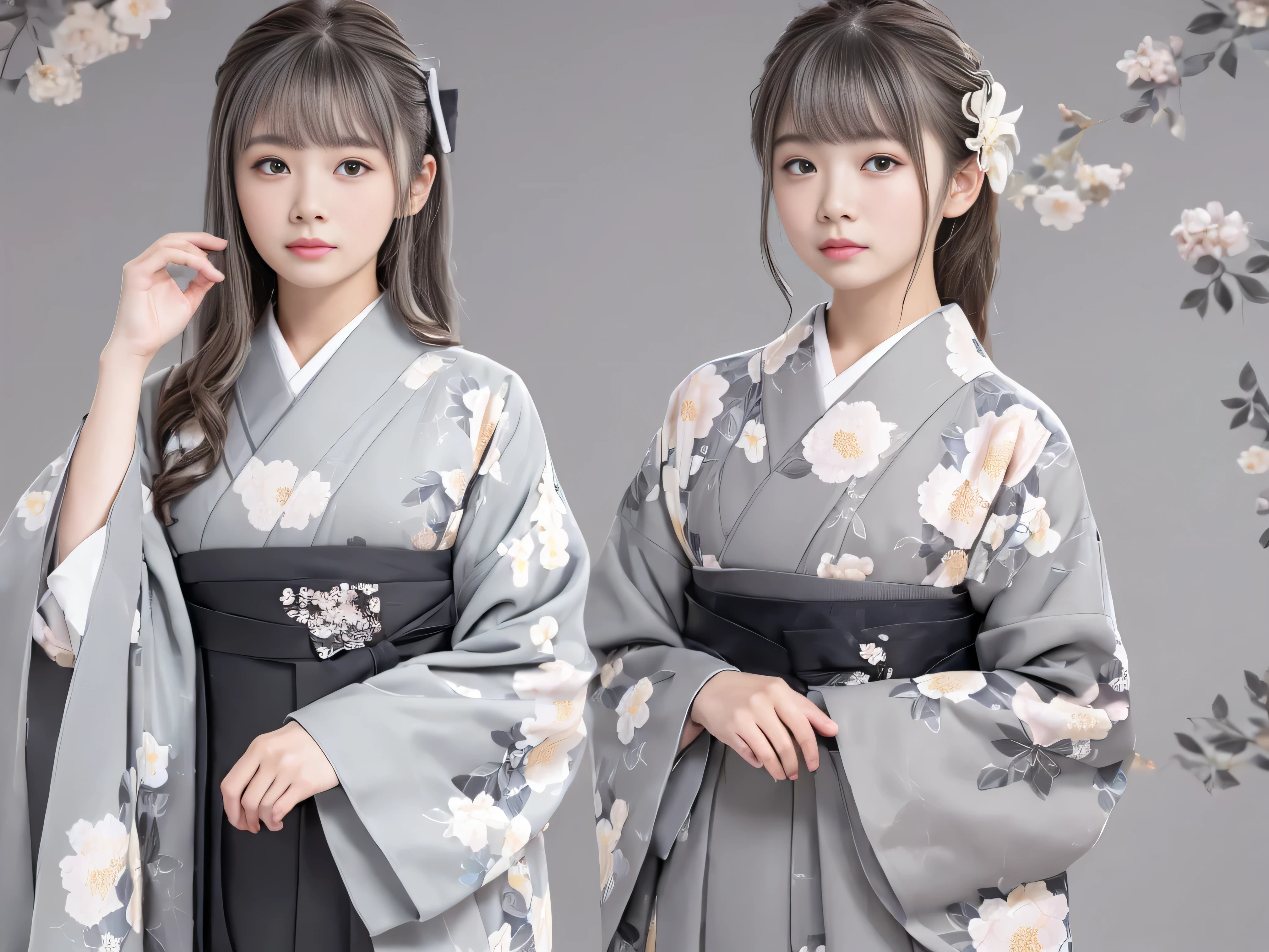 (((gray floral background:1.3)))、highest quality, Tabletop, High resolution, (((One Girl))), 16 years old,(((eyes are gray:1.3)))、Gray kimono、((Beautiful Gray Kimono)), Tyndall effect, Realistic, Shadow Studio,Ultramarine Lighting, Dual Tone Lighting, (High Definition Skins: 1.2)、Pale colored lighting、Dim lighting、 Digital SLR, photograph, High resolution, 4K, 8k, Background Blur,Beautiful fade out、gray flower world