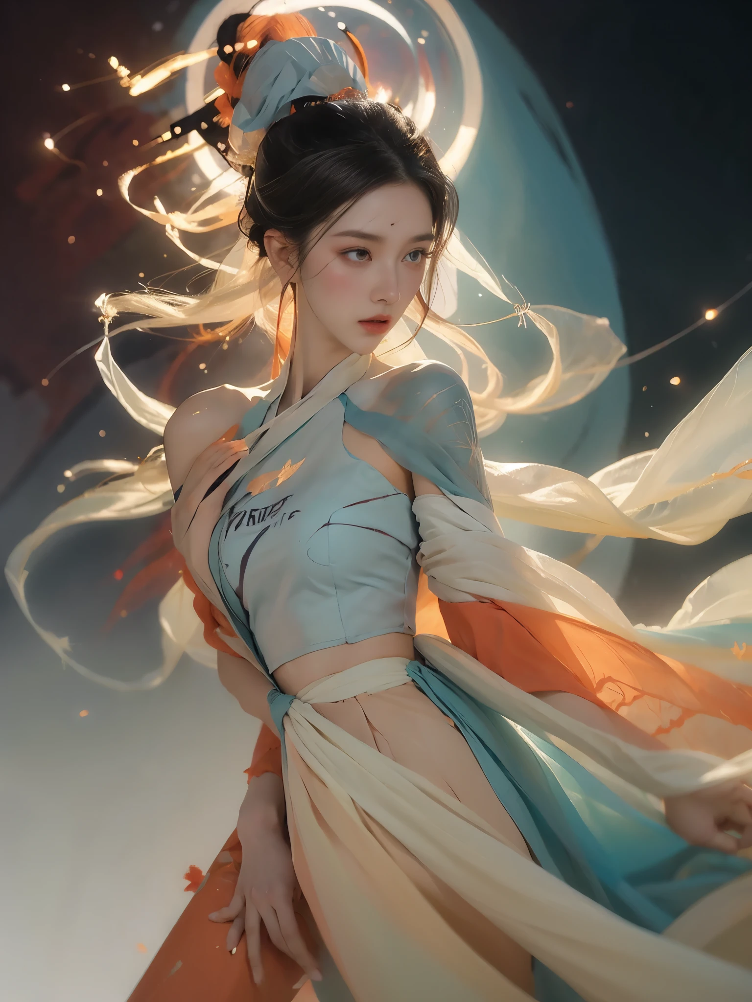 (1 Girl:1.4),Solitary, Gorgeous， Extremely detailed,(Joshua Middleton Comic Cover Art:1.1), (Action painting:1.2),(Concretism:1.2),(Hyperpolarization:1.5),rich and colorful,The most detailed,white gray background, White Hanfu, Pastel colors， (masterpiece, Top quality, best quality, Official Art, beautiful and aesthetic:1.2),