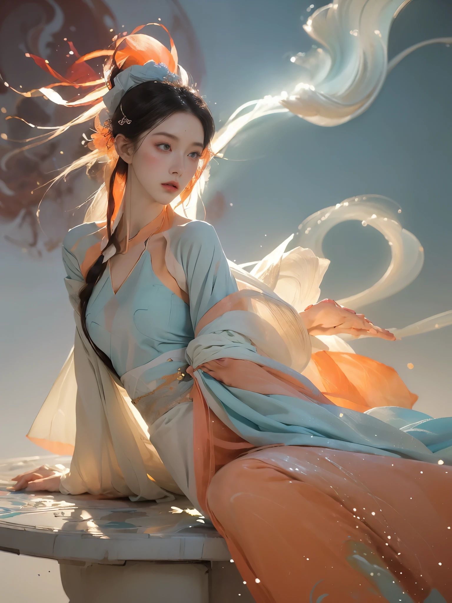(1 Girl:1.4),Solitary, Gorgeous, Extremely detailed,(Joshua Middleton Comic Cover Art:1.1), (Action painting:1.2),(Concretism:1.2),(Hyperpolarization:1.5),rich and colorful,The most detailed,white gray background, White Hanfu, Pastel colors, (masterpiece, Top quality, best quality, Official Art, beautiful and aesthetic:1.2),