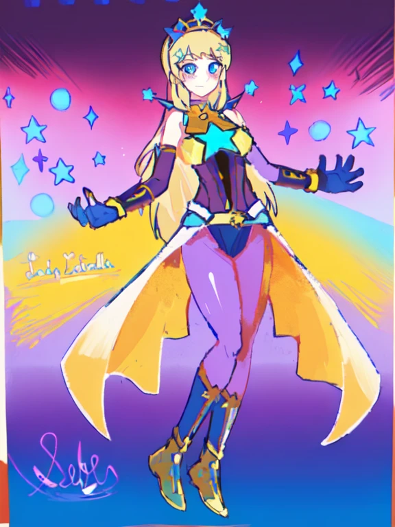 un dibujo de una mujer disfrazada con una capa y una estrella, inspirado en Li Chevalier, Inspired by Star Guardian, celda sombreada!!!, celda sombreada!!!, la galaxia marinera. Hermoso, fanart exquisito muy detallado, Hermoso celestial mage, bruja del cielo, like a retro futuristic heroine, inspirado en marinero luna, portrait of an anime heroine, ethereal astral, 1 girl, Full body, 19 years old, White skin, Smiling face, Blue eyes, Star shaped tiara, Arms outstretched, Arms behind waist, Masked face, Eye mask, Superhero mask, blue mask, Blushing, Blonde hair, Straight hair, Long hair, Bangs, 2 star clips on the sides of hair, Full body, Medium breasts, Slim body, Hands with yellow stars on them, Wrist bands, Long yellow gloves, Purple gloves, Superhero costume, Superheroes, Full body entirely yellow suit, With a big yellow star in the center, Star emblem, Somewhat tight, Long yellow cape on waist, Red belt, Thighs with tights purple, purple boots, flying, city background, anime, note that says Lady Estrella