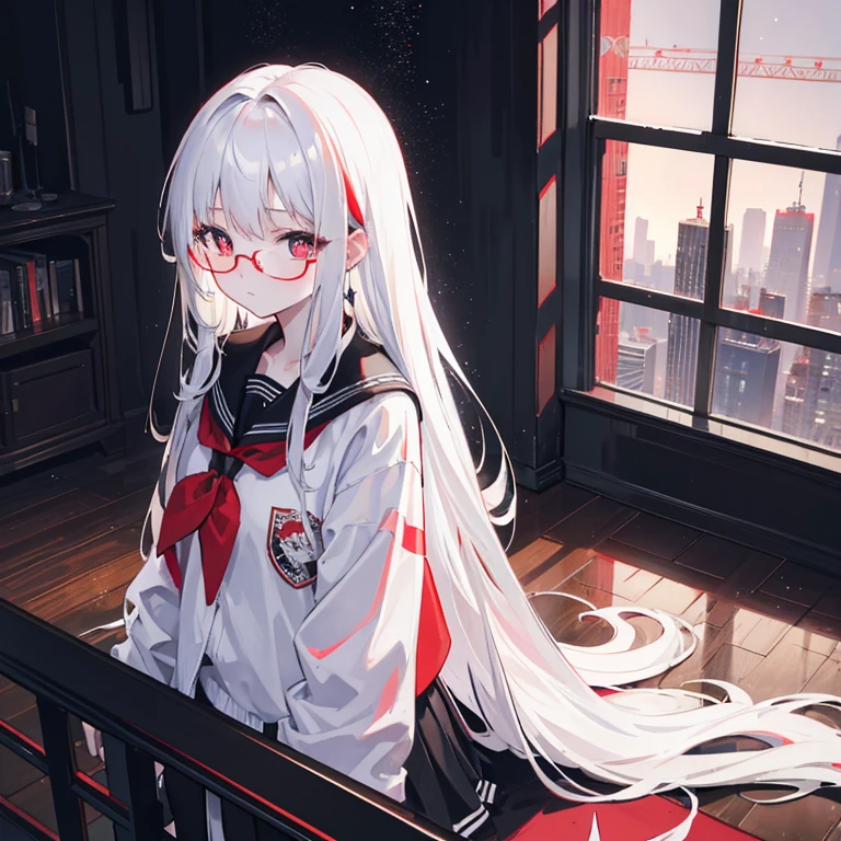 long shot，Overlooking，Depth of Field，masterpiece，best quality，4k，A 16-year-old girl(White long hair，Red pupils，Glasses，Student clothing，)，Floor-to-ceiling windows（City，Neon，night，Starry Sky）Dark tones predominate，High contrast，High Saturation