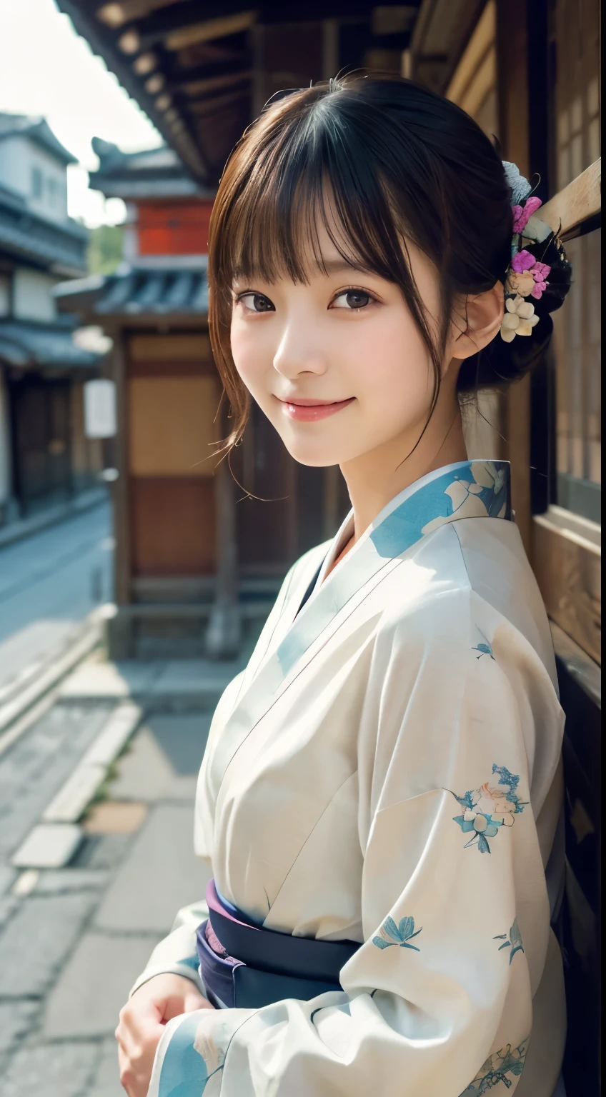 Professional Lighting,(Photorealistic:1.4), (Top image quality:1.0), (超A high resolution:1.0), 8k, Raw photography, (masterpiece:0.2), (Facing the children_v1:0.5)、(最高quality Detail:1.2)、Realistic、8K Ultra HD、High resolution、(1 girl:1.2)、超detailedな、High quality textures、複雑なdetailed、detailed、Very detailed CG、High quality shadows、detailed 美しく繊細な顔、Beautiful details and a delicate eye、(Symmetrical eyes:1.2),Written boundary depth、Ray Tracing,1 girl, Japanese Girls, (Natural smile:1.4),cute, thin, Portrait of a beautiful Japanese woman in a kimono, Standing elegantly on a street corner in Kyoto. Kimono with vibrant traditional patterns, Hair decorated with elegant and delicate hairpins, Gentle expression. (With the old streets of Kyoto in the background:1.4)、The soft light of a spring afternoon、Adding tranquility to the scene. Rendered in a Realistic style with great attention to detail, High resolutionの画像.Sky Porn, Magic Hour, (Realistic:1.3), finely, quality, (Tabletop:1.2), (Realistic:1.2), (最高quality), (複雑なdetailed), dramatic, Ray Tracing, photograph, +roller