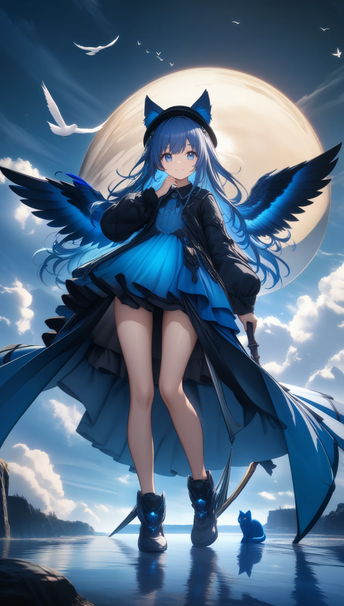 32k, best quality, ultra high res, HDR, UHD, extremely detailed CG, unity 32k wallpaper, A dark, futuristic, silhouetted figure of a girl with cat ears and a long, flowing coat, holding a massive scythe with a mechanical cat integrated into the blade, standing on a reflective surface with a minimalist, light gray background. --ar 4:3 --stylize 600 --niji 6, 32k, best quality, ultra high res, HDR, UHD, extremely detailed CG, unity 32k wallpaper, A world full of eggs, 18-year-old, Holding a rainbow-colored egg in both hands, Very cute girl, Blue Hair, Long Hair, blue eyes, A beautiful and cute blue dress, from the front, A very beautiful sea background, Standing on the water, Particles that glow blue, bird, cloud, Egg with wings, Close your mouth and smile happily, A cute hat with blue feathers, (wing), sun,