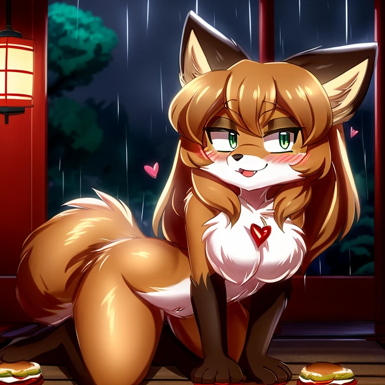 uploaded the e621, beautiful and detailed, woman (((female))) ((anthro)) Fox, (Averi, Fox girl), cinematic lighting, Fox, (anthro, fluffy fur), anthro fox girl, body fur, curvy, sexy, nice, cute, hot, comfortable anime-style cartoon-style, digital drawing, SFW, flat chest, chest fluff, blushing, green eyes, sassy, sassy hips, cute friendly smile, rainy, japanese shrine, wet fur, night, heart, hearts, speech bubble, looking at viewer, close up, hugging viewer, petting, nuzzling viewer, on knees, chicken sandwich in hand, holding sandwich
