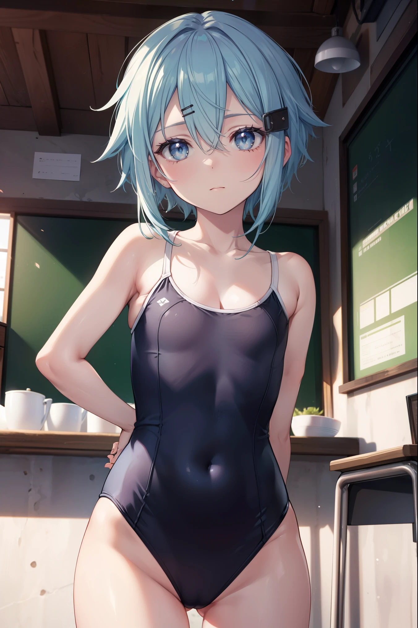 deep skin,textured skin,shinoasada, sinon, blue eyes, blue hair, hair ornament, hair between eyes, hairclip, short hair, sidelocks, (small breast:1.2),
BREAK (cleavage, school swimsuit:1.2),
BREAK ((hands behind back:1.5)), beautiful lighting, defined subject, (18 years old), ((cool looking)), ((glare)),
BREAK (masterpiece:1.2), best quality, high resolution, unity 8k wallpaper, (illustration:0.8), (beautiful detailed eyes:1.6), extremely detailed face, perfect lighting, extremely detailed CG, (perfect hands, perfect anatomy),