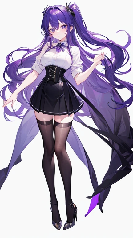 Purple Hair,Long Hair,Adult female,White Y-shirt,((Roll up her sleeves)),(corset),(Black tight skirt),(High heels),((A simple, blank white background)),smile,((full body)),((whole body)),