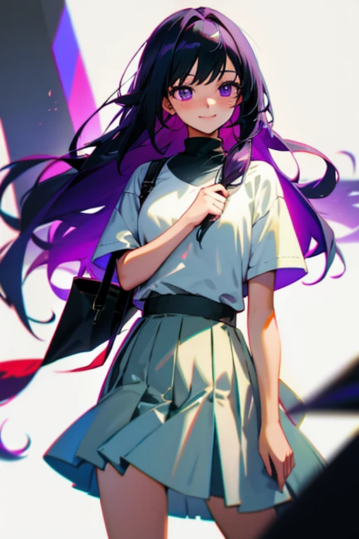 (masterpiece), ((sfw)), best quality, expressive eyes, perfect face, , (1girl,,  adult, beautiful,), solo, black long hair, purple eyes BREAK (fair skin,), cowboy shot, smile, oversized t-shirt BREAK, long skirt BREAK, standing BREAK, soft smile, :), in love, beautiful face, in love face, in love smile. Looking away, embarrassed 