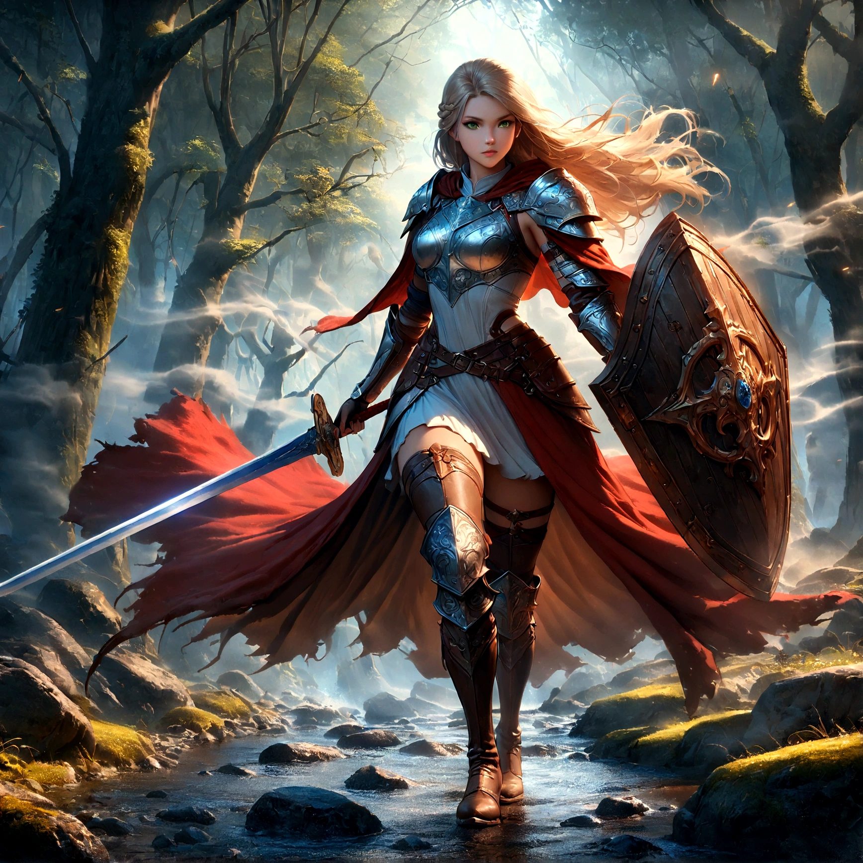 fantasy art, RPG art, Dark fantasy art, ultra wide shot, RAW, photorealistic, a picture of (1single: 1.5) female human ranger, the ranger, an exquisite beautiful human woman, long blond hair, braided hair, green eyes, wearing leather armor, wearing (red cloak: 1.1), armed with a (sword: 1.3), wearing laced boots, standing in a dark forest at night, (mist rising from the grounds: 1.3), a sense of dread and fear, yet she stands defiant and fearless, dark fantasy forest background, best quality, 16k, [ultra detailed], masterpiece, best quality, (ultra detailed), full body, ultra wide shot, photorealism, Sword and shield, aetherpunkai