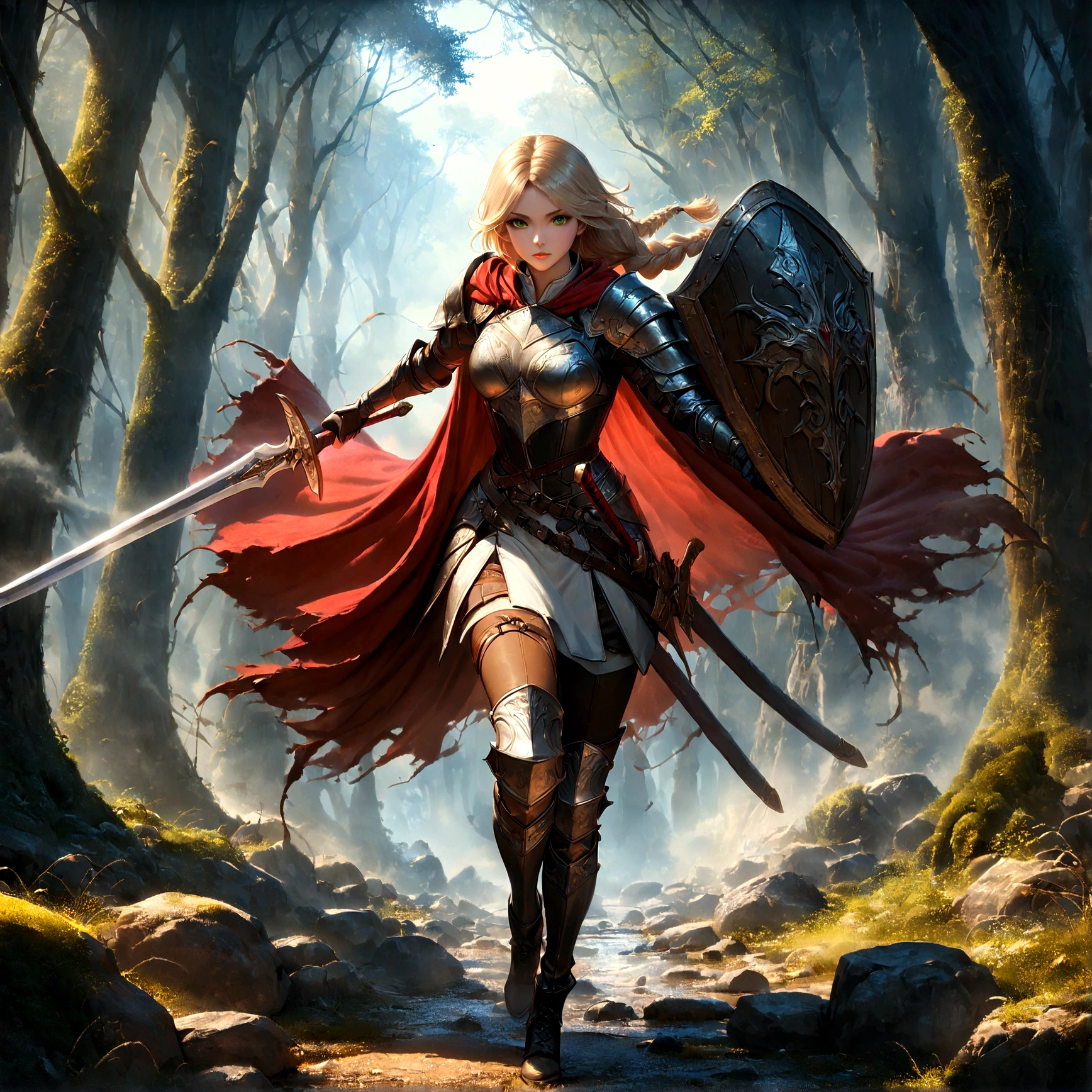 fantasy art, RPG art, Dark fantasy art, ultra wide shot, RAW, photorealistic, a picture of female human ranger, the ranger, an exquisite beautiful human woman, long blond hair, braided hair, green eyes, wearing leather armor, wearing (red cloak: 1.1), armed with a (sword: 1.3), wearing laced boots, standing in a dark forest at night, (mist rising from the grounds: 1.3), a sense of dread and fear, yet she stands defiant and fearless, there is a (wolf: 1.2) companion standing by, guarding her, protecting her,  dark fantasy forest background, best quality, 16k, [ultra detailed], masterpiece, best quality, (ultra detailed), full body, ultra wide shot, photorealism, Sword and shield