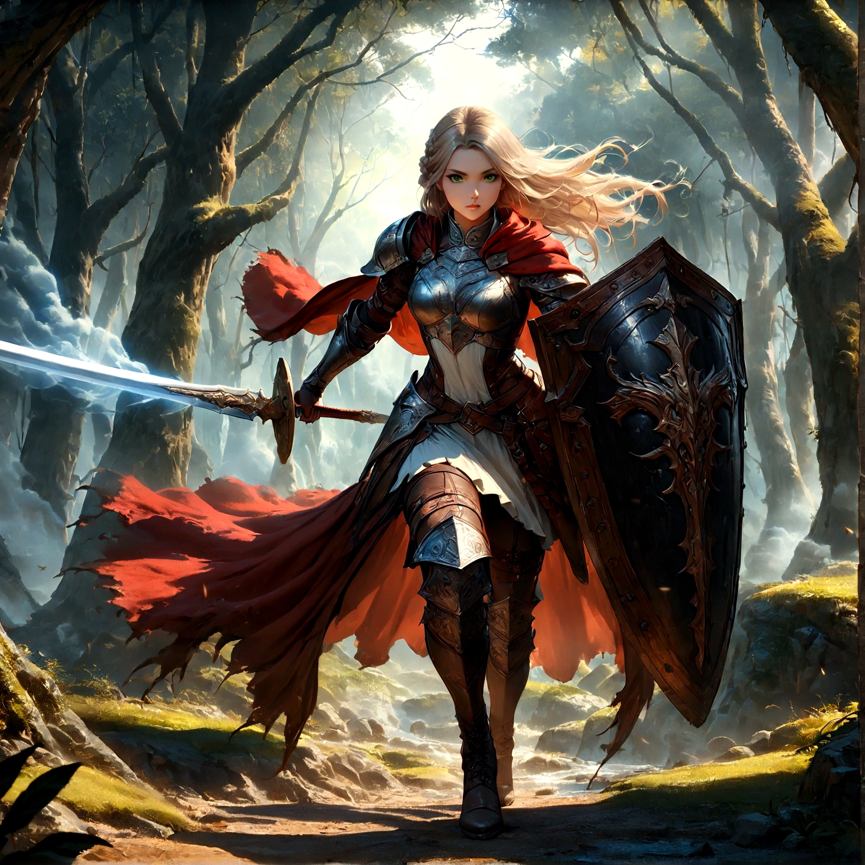 fantasy art, RPG art, Dark fantasy art, ultra wide shot, RAW, photorealistic, a picture of (1single: 1.5) female human ranger, the ranger, an exquisite beautiful human woman, long blond hair, braided hair, green eyes, wearing leather armor, wearing (red cloak: 1.1), armed with a (sword: 1.3), wearing laced boots, standing in a dark forest at night, (mist rising from the grounds: 1.3), a sense of dread and fear, yet she stands defiant and fearless, dark fantasy forest background, best quality, 16k, [ultra detailed], masterpiece, best quality, (ultra detailed), full body, ultra wide shot, photorealism, Sword and shield, aetherpunkai