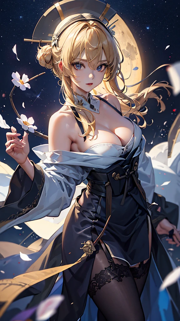 masterpiece, high quality, 4K, Beautiful design, silhouette，blonde， 非常に詳細な夜のStarry Sky,Flower Field， wonderful, Finer details,  Very knowledgeable woman,Devil Highly detailed solo, 1 female,Big Breasts，camisole，mini skirt，garter belt，Night view，Starry Sky，full moon，