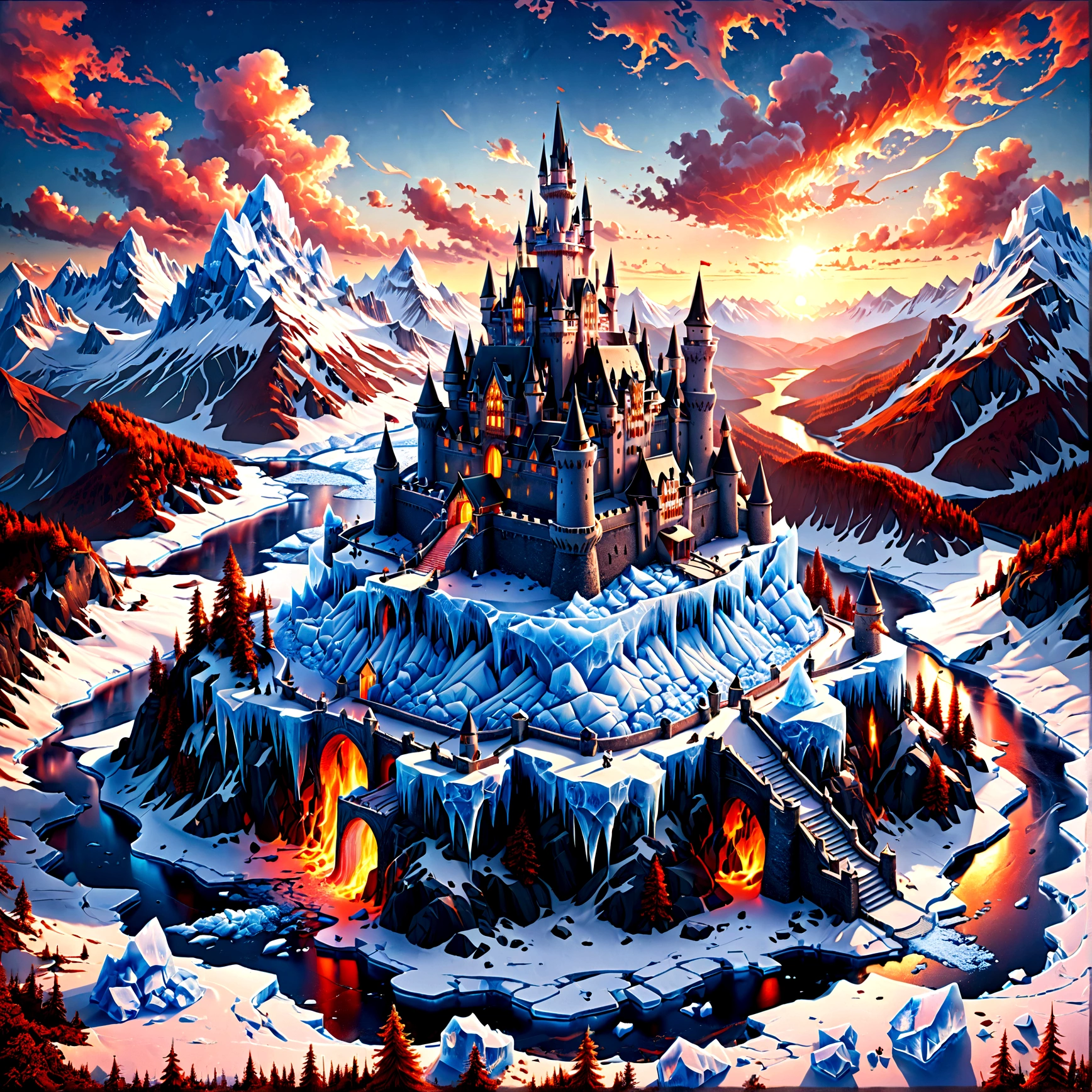 a panoramic award winning photography, Photorealistic, extremely detailed of a castle made from (ice: 1.3) made_of_ice standing on the peak of a snowy mountain, an impressive best detailed castle made from ice (Photorealistic, extremely detailed), with towers, bridges, a moat filled with lava (Photorealistic, extremely detailed),  standing on top of a snowy mountain (masterpiece, extremely detailed, best quality), with pine trees, sunset light, some clouds in the air,  alpine mountain range background, best realistic, best details, best quality, 16k, [ultra detailed], masterpiece, best quality, (extremely detailed), ultra wide shot, photorealism, depth of field, faize, raging nebula