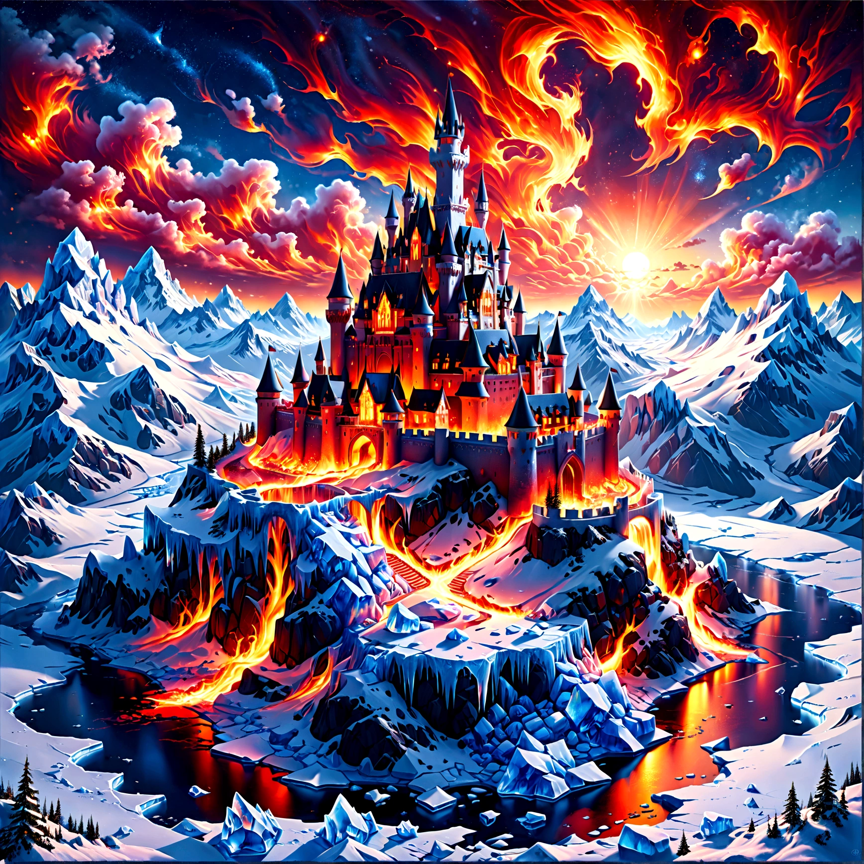 a panoramic award winning photography, Photorealistic, extremely detailed of a castle made from (ice: 1.3) made_of_ice standing on the peak of a snowy mountain, an impressive best detailed castle made from ice (Photorealistic, extremely detailed), with towers, bridges, a moat filled with lava (Photorealistic, extremely detailed),  standing on top of a snowy mountain (masterpiece, extremely detailed, best quality), with pine trees, sunset light, some clouds in the air,  alpine mountain range background, best realistic, best details, best quality, 16k, [ultra detailed], masterpiece, best quality, (extremely detailed), ultra wide shot, photorealism, depth of field, faize, raging nebula