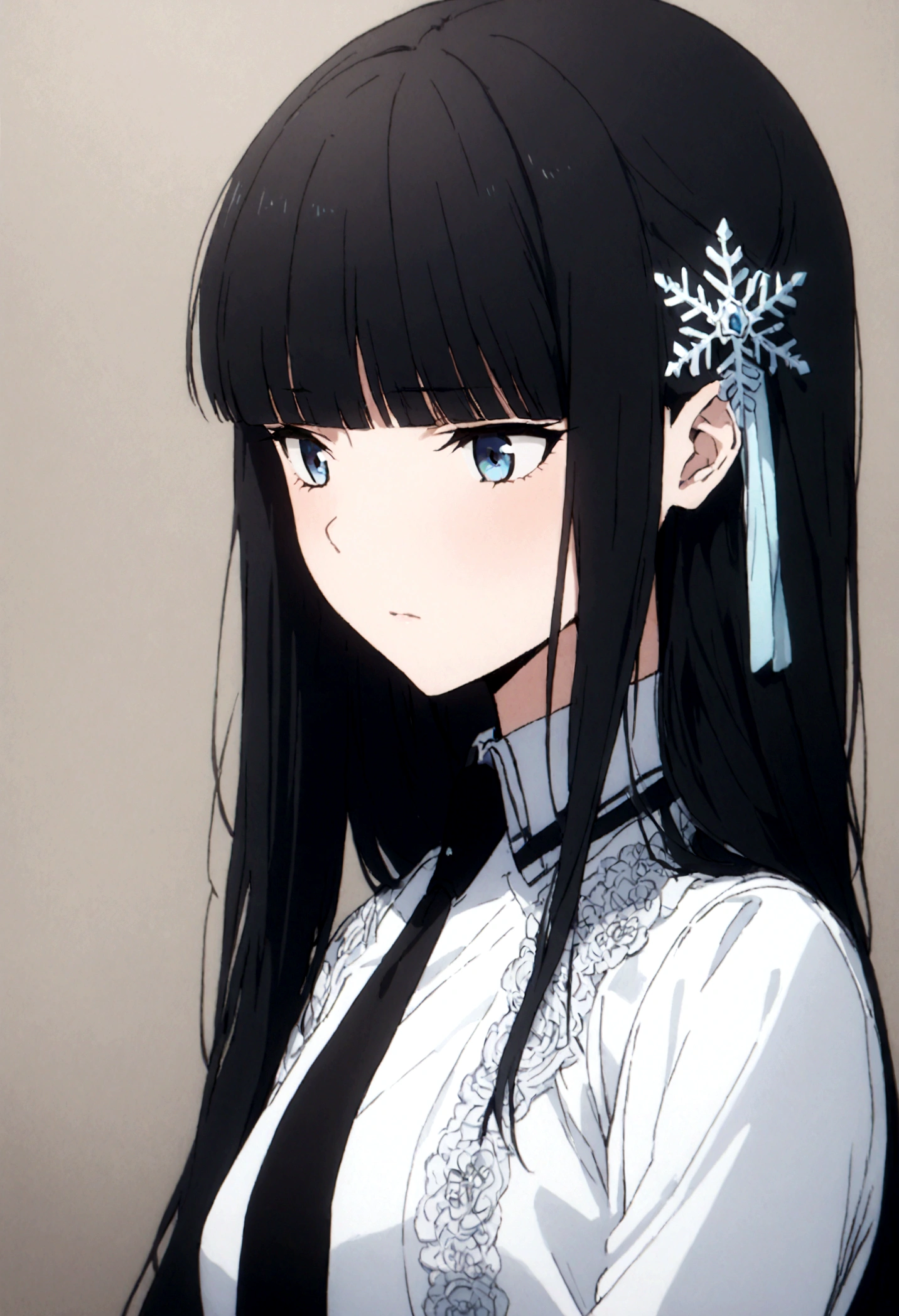 miyuki shiba, long hair, blue eyes, black hair, hair ornament, ribbon, hair ribbon, snowflake hair ornament, bangs, blunt bangs,
long sleeves, dress, , pantyhose, necktie, white dress, black necktie,