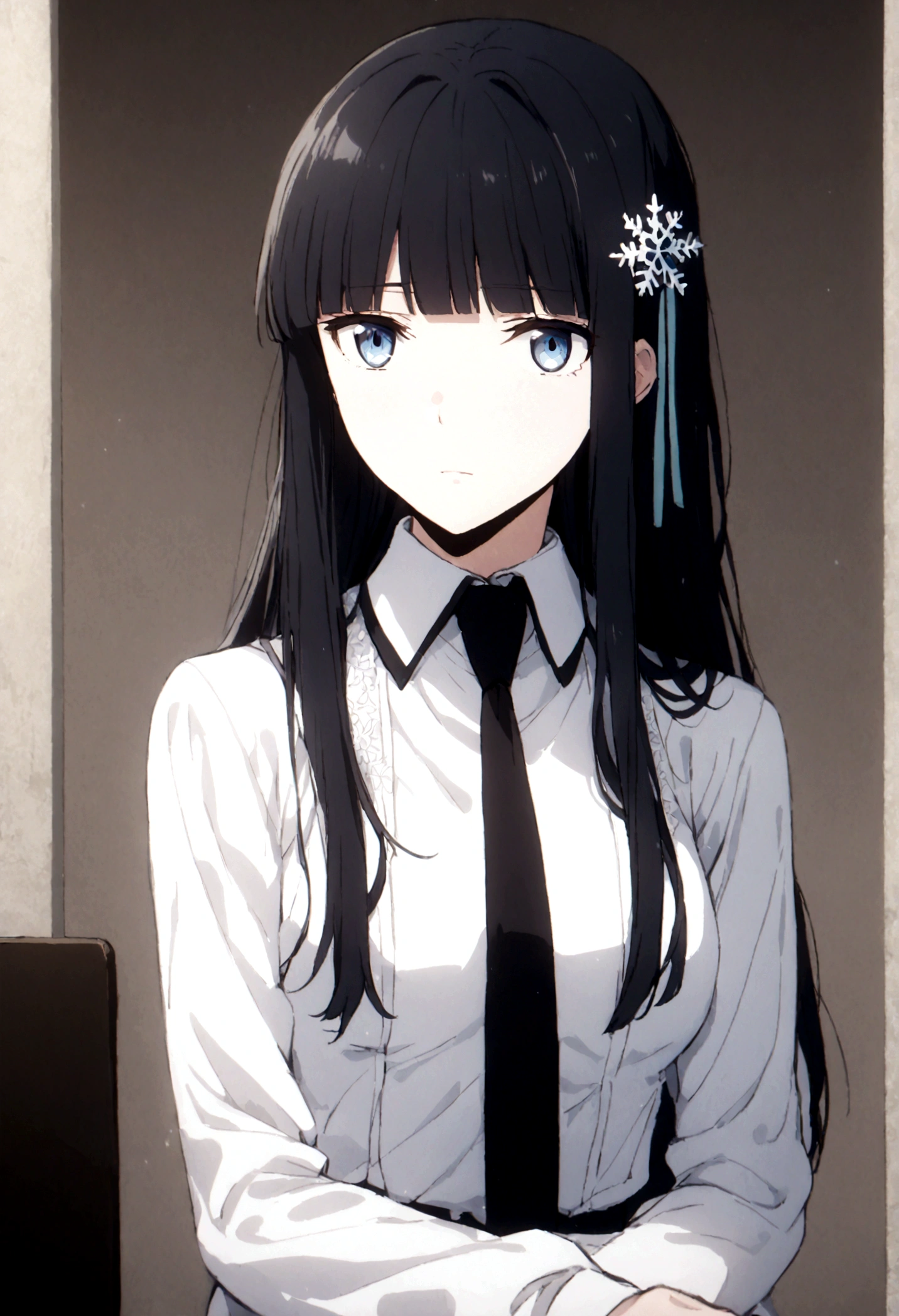 miyuki shiba, long hair, blue eyes, black hair, hair ornament, ribbon, hair ribbon, snowflake hair ornament, bangs, blunt bangs,
long sleeves, dress, , pantyhose, necktie, white dress, black necktie,