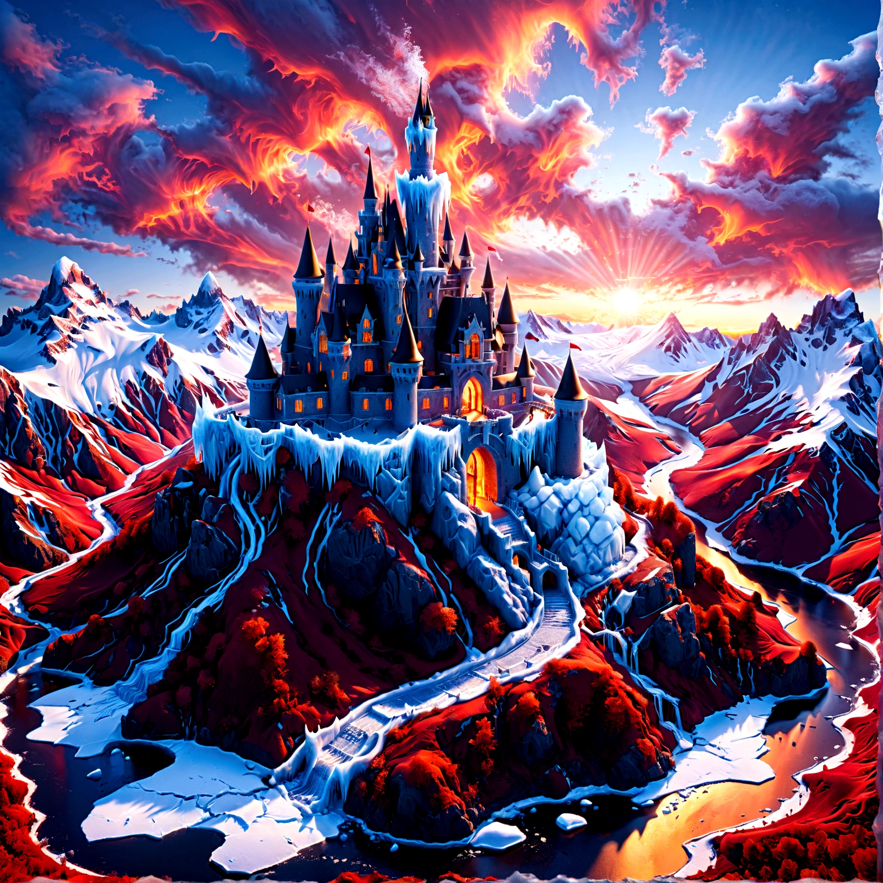 a panoramic award winning photography, Photorealistic, extremely detailed of a castle made from (ice: 1.3) made_of_ice standing on the peak of a snowy mountain, an impressive best detailed castle made from ice (Photorealistic, extremely detailed), with towers, bridges, a moat filled with lava (Photorealistic, extremely detailed),  standing on top of a snowy mountain (masterpiece, extremely detailed, best quality), with pine trees, sunset light, some clouds in the air,  alpine mountain range background, best realistic, best details, best quality, 16k, [ultra detailed], masterpiece, best quality, (extremely detailed), ultra wide shot, photorealism, depth of field, faize, raging nebula