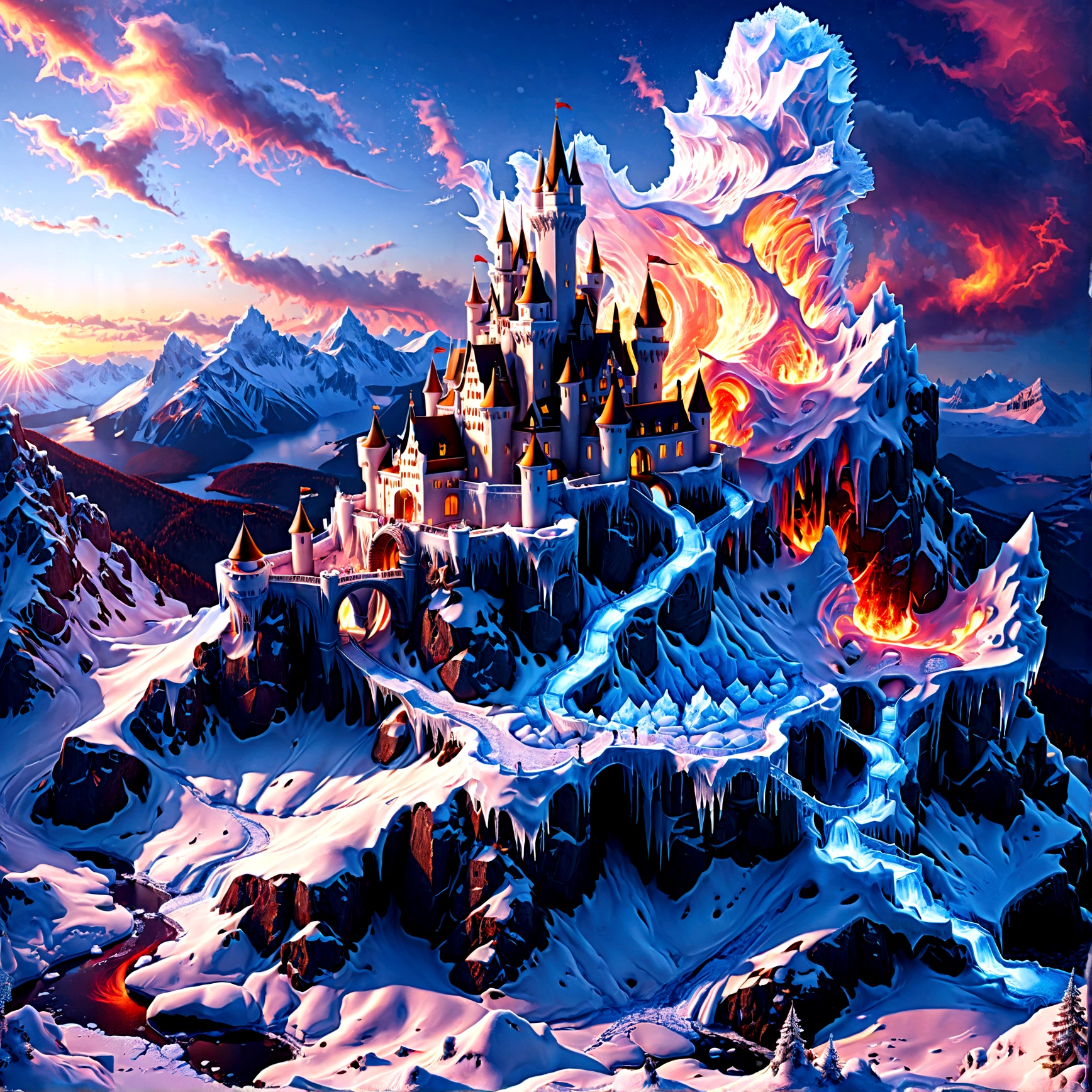 a panoramic award winning photography, Photorealistic, extremely detailed of a castle made from (ice: 1.3) made_of_ice standing on the peak of a snowy mountain, an impressive best detailed castle made from ice (Photorealistic, extremely detailed), with towers, bridges, a moat filled with lava (Photorealistic, extremely detailed),  standing on top of a snowy mountain (masterpiece, extremely detailed, best quality), with pine trees, sunset light, some clouds in the air,  alpine mountain range background, best realistic, best details, best quality, 16k, [ultra detailed], masterpiece, best quality, (extremely detailed), ultra wide shot, photorealism, depth of field, faize, raging nebula