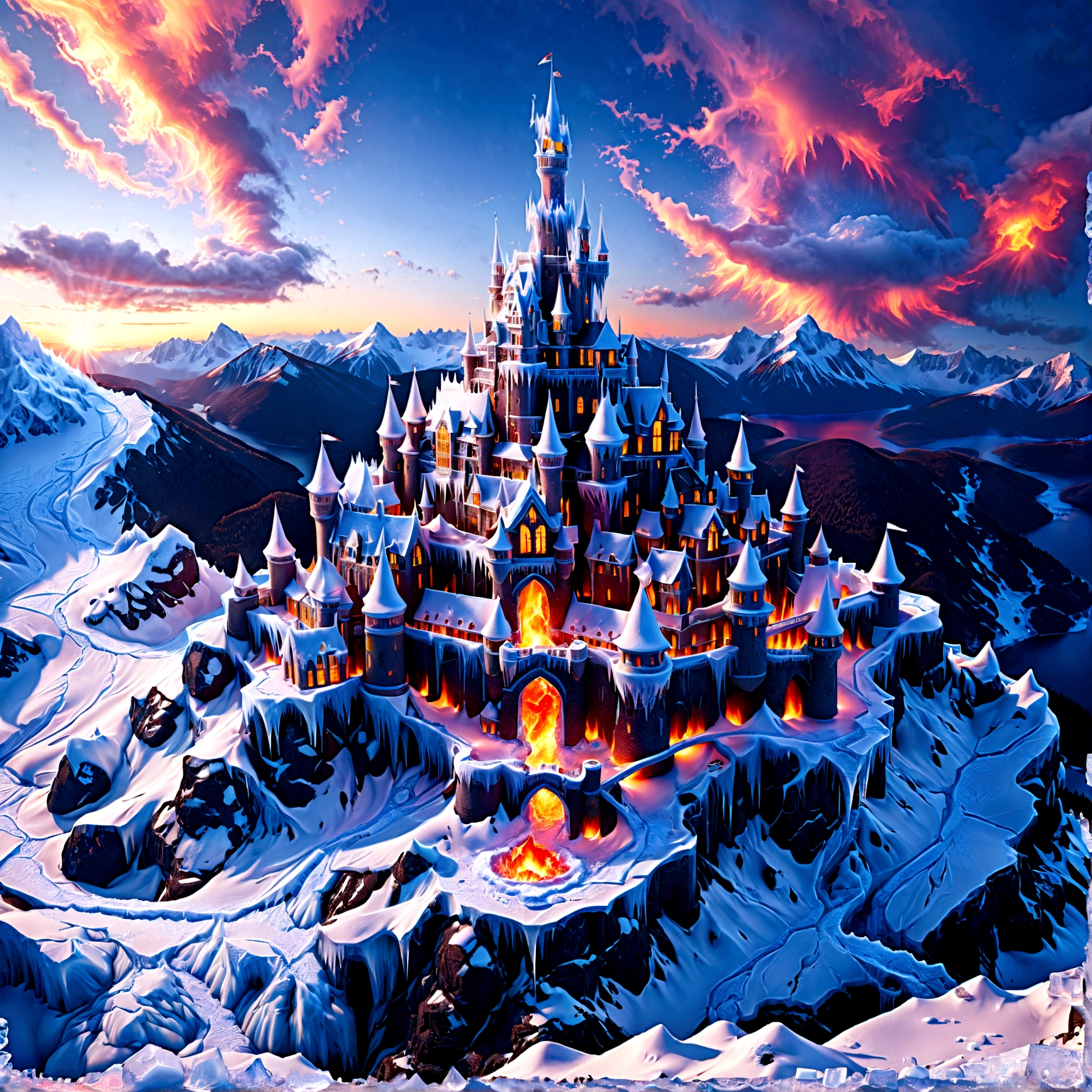 a panoramic award winning photography, Photorealistic, extremely detailed of a castle made from (ice: 1.3) made_of_ice standing on the peak of a snowy mountain, an impressive best detailed castle made from ice (Photorealistic, extremely detailed), with towers, bridges, a moat filled with lava (Photorealistic, extremely detailed),  standing on top of a snowy mountain (masterpiece, extremely detailed, best quality), with pine trees, sunset light, some clouds in the air,  alpine mountain range background, best realistic, best details, best quality, 16k, [ultra detailed], masterpiece, best quality, (extremely detailed), ultra wide shot, photorealism, depth of field, faize, raging nebula
